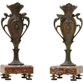 Pair 19th C. Cast Metal Spelter Victorian Garnitures with Birds Design, Rose Marble Bases 11.5 in.