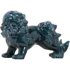 Teal Glazed Porcelain Chinese Buddhist Lion Figure Statue 8.5 in. height x 12 in. length