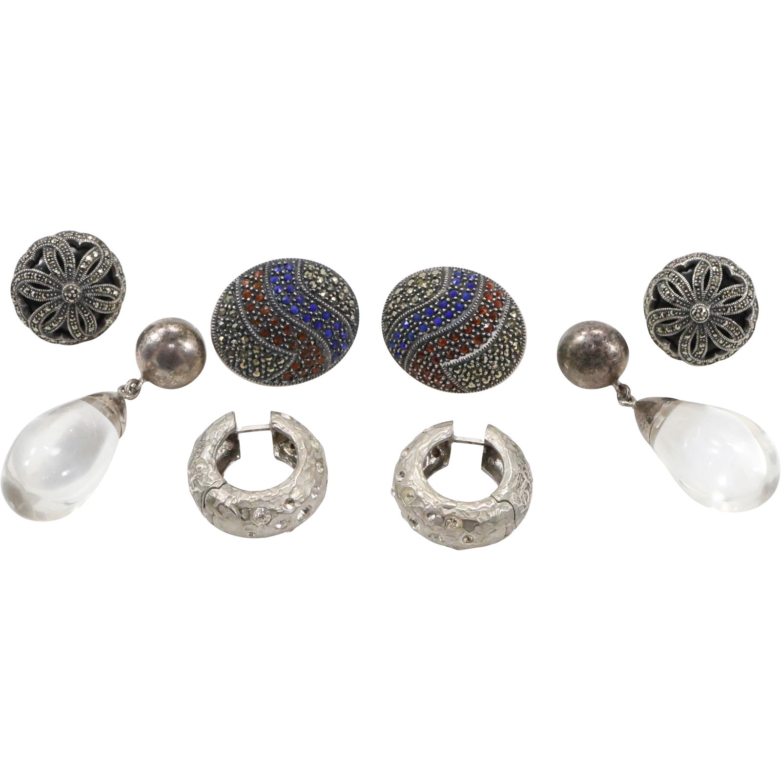 4 Pairs Assorted Sterling Silver Earrings: JJ Sterling Marcasites, Red, Blue Rhinestones 1 1/4 in. x (1 of 18)