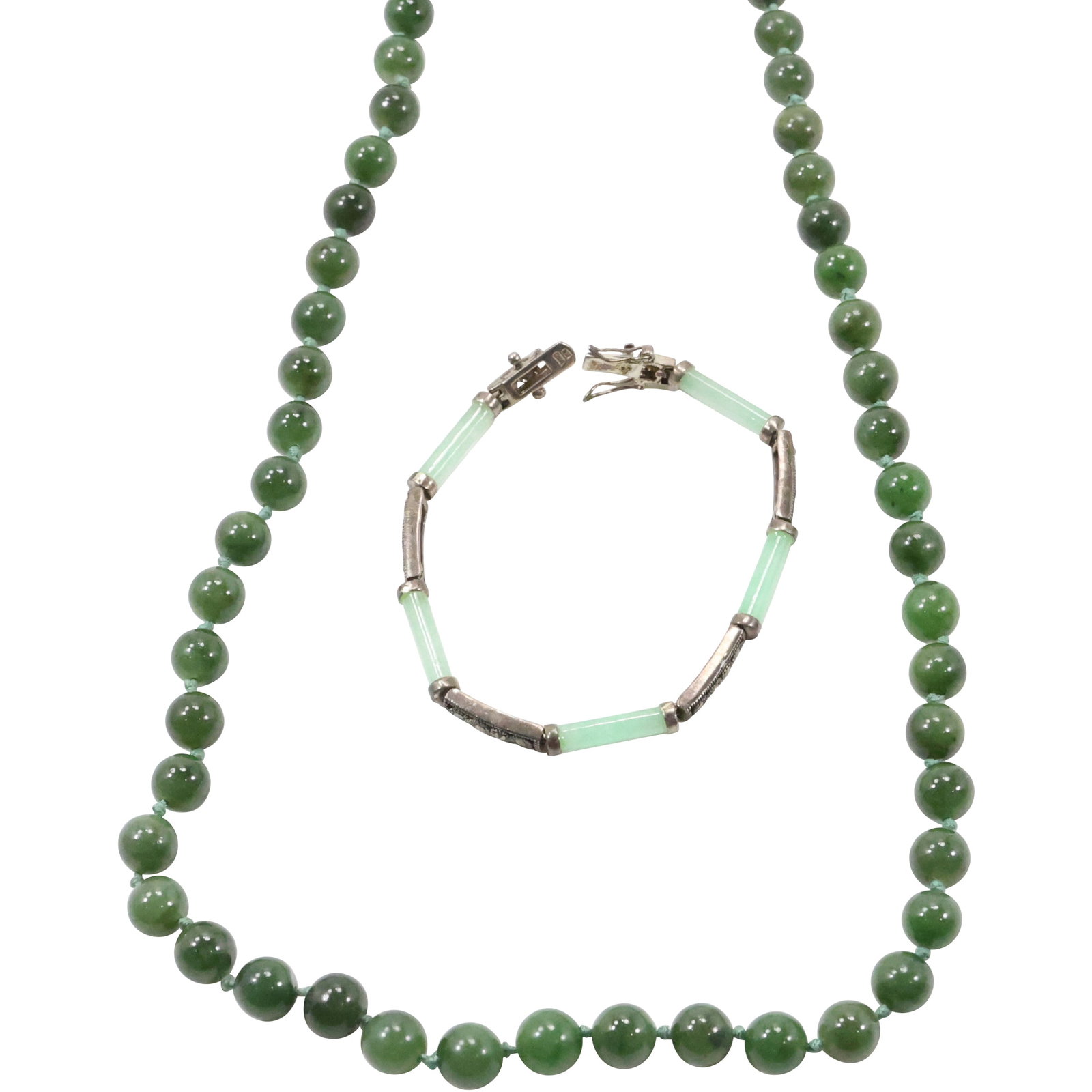 .925 Sterling Knotted Jade Beads Necklace 26 inches; .925 Sterling Jade & Marcasites Bracelet (1 of 18)