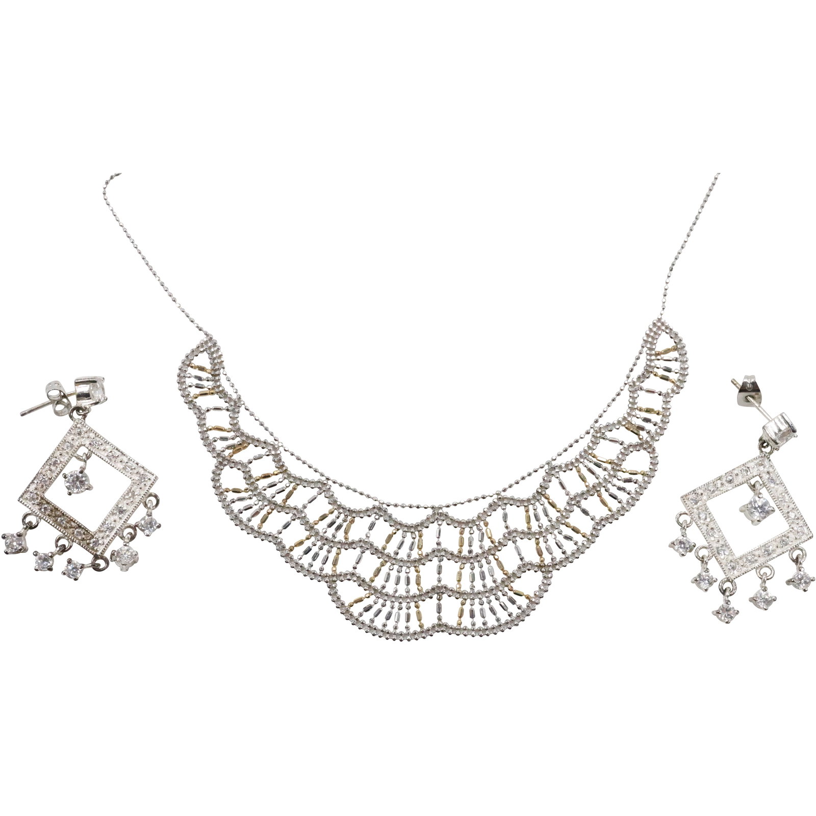 .925 Sterling Silver Bib Necklace 18 in. and .925 Sterling CZ Pierced Earrings 1 3/4 in. x 1 in. (1 of 17)