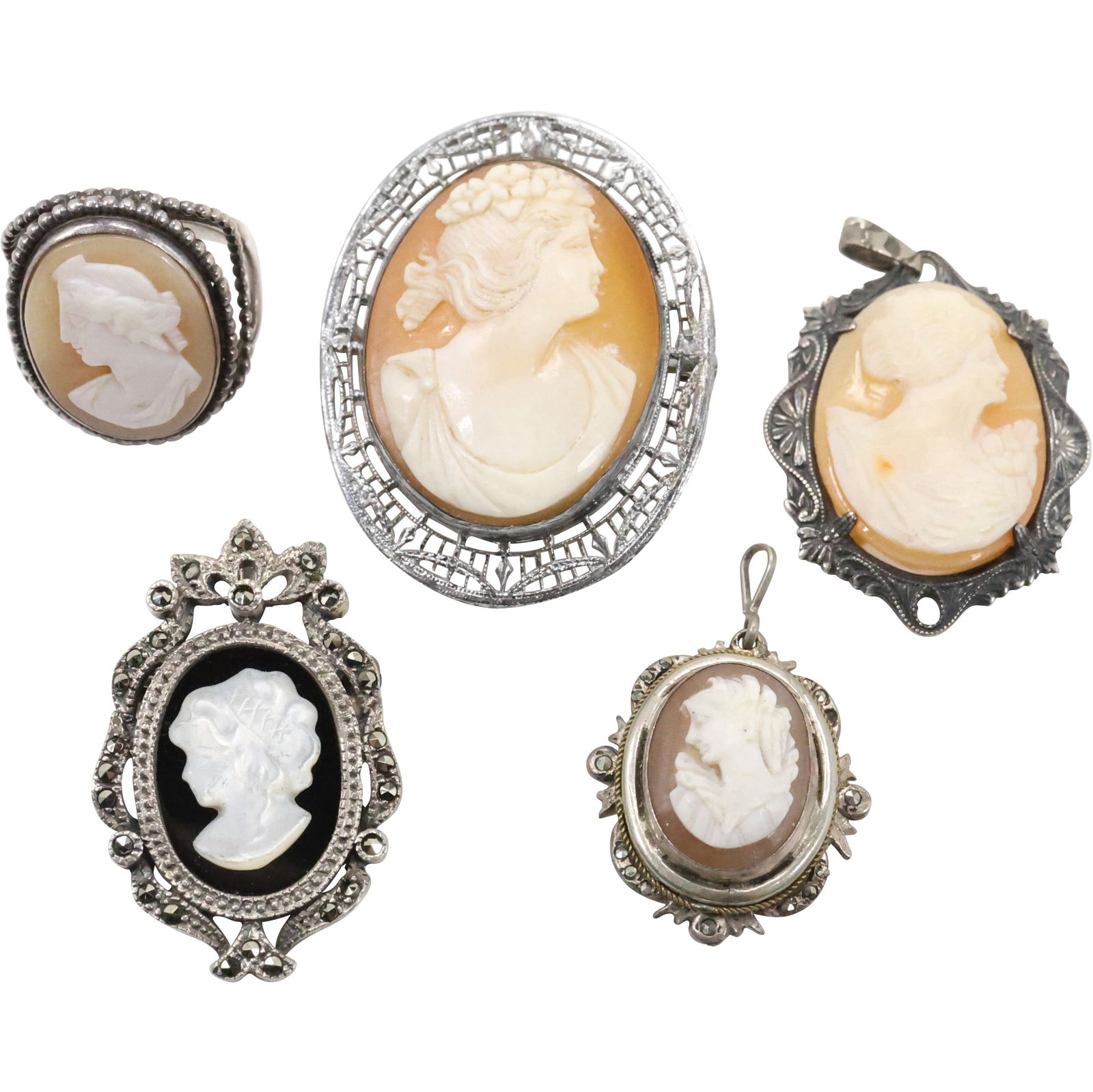 5 Assorted Sterling Silver CAMEO: Ring Size 5.5 Cameo Portrait Woman Beading Design 3/4 in.; (1 of 20)