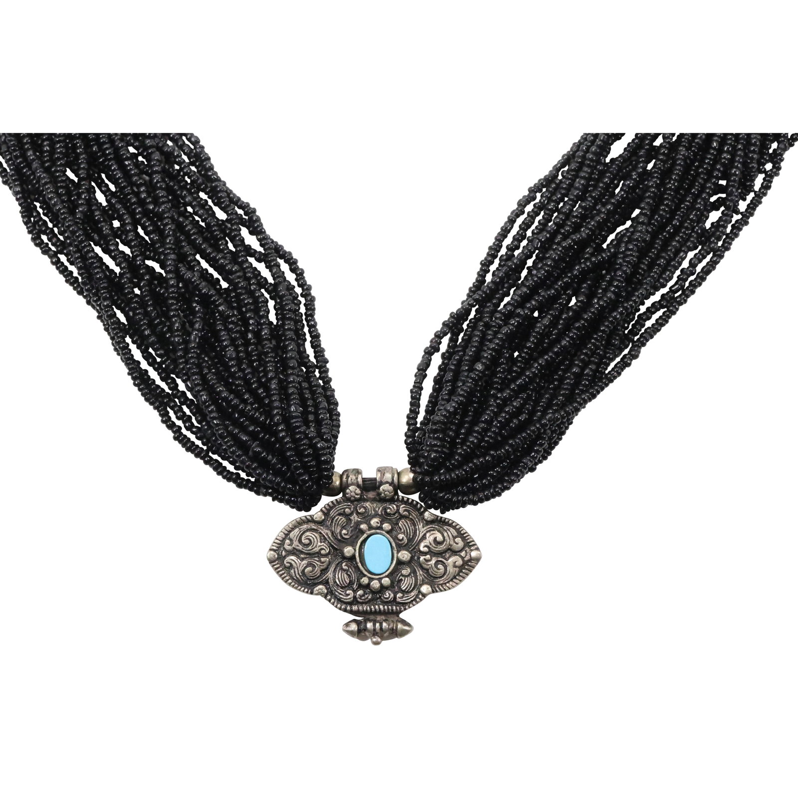 Costume Pendant with 26-Strands Black Onyx Beads Necklace 18 in.: Costume Pendant with 26-Strands Black Onyx Beads Necklace 18 in.