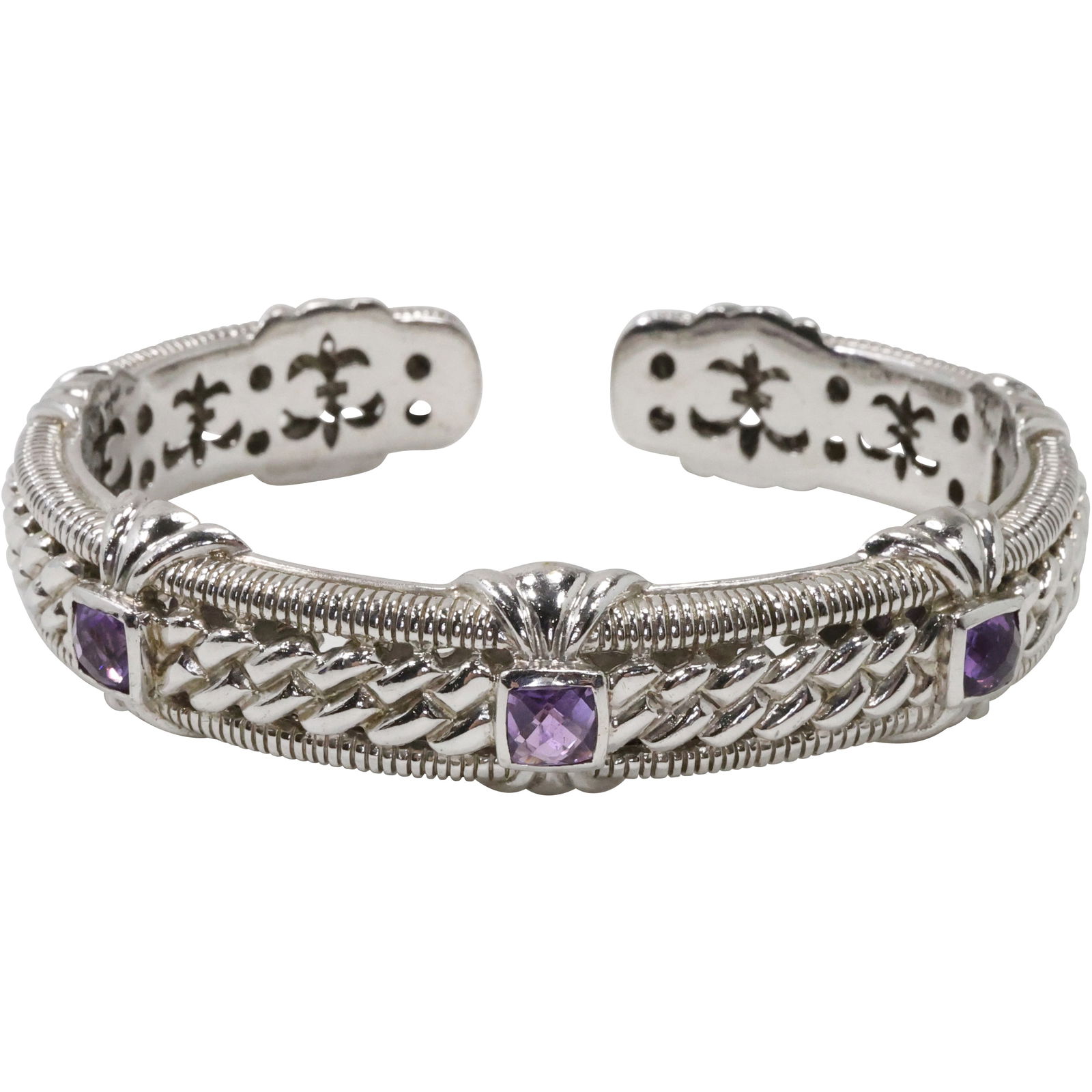 Judith Ripka .925 Sterling Silver 47.2 grams total weight Wide Twist Design Bracelet with 3 Purple (1 of 20)
