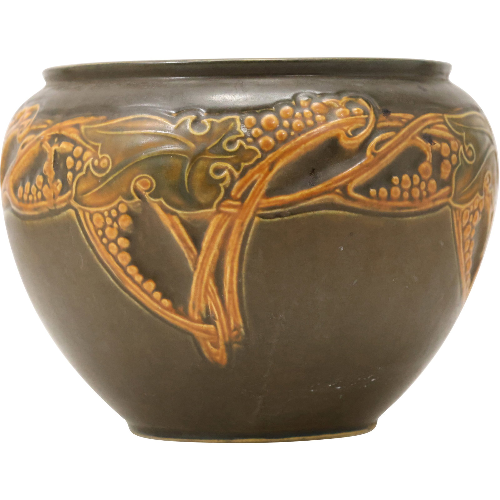 Vintage 1925 Roseville Rosecraft Brown Art Pottery Jardiniere Planter: This charming vintage jardiniere is a fine example of Roseville Pottery's Rosecraft line, dating to 1925. The planter features a rich brown glaze accented by a stunning raised relief design of stylize