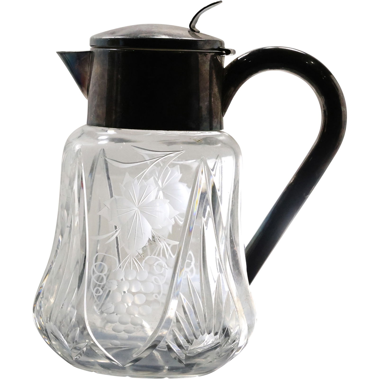 Quality Etched Crystal Glass Water Pitcher with Silver Plate Top and Handle 10 in. height (1 of 17)