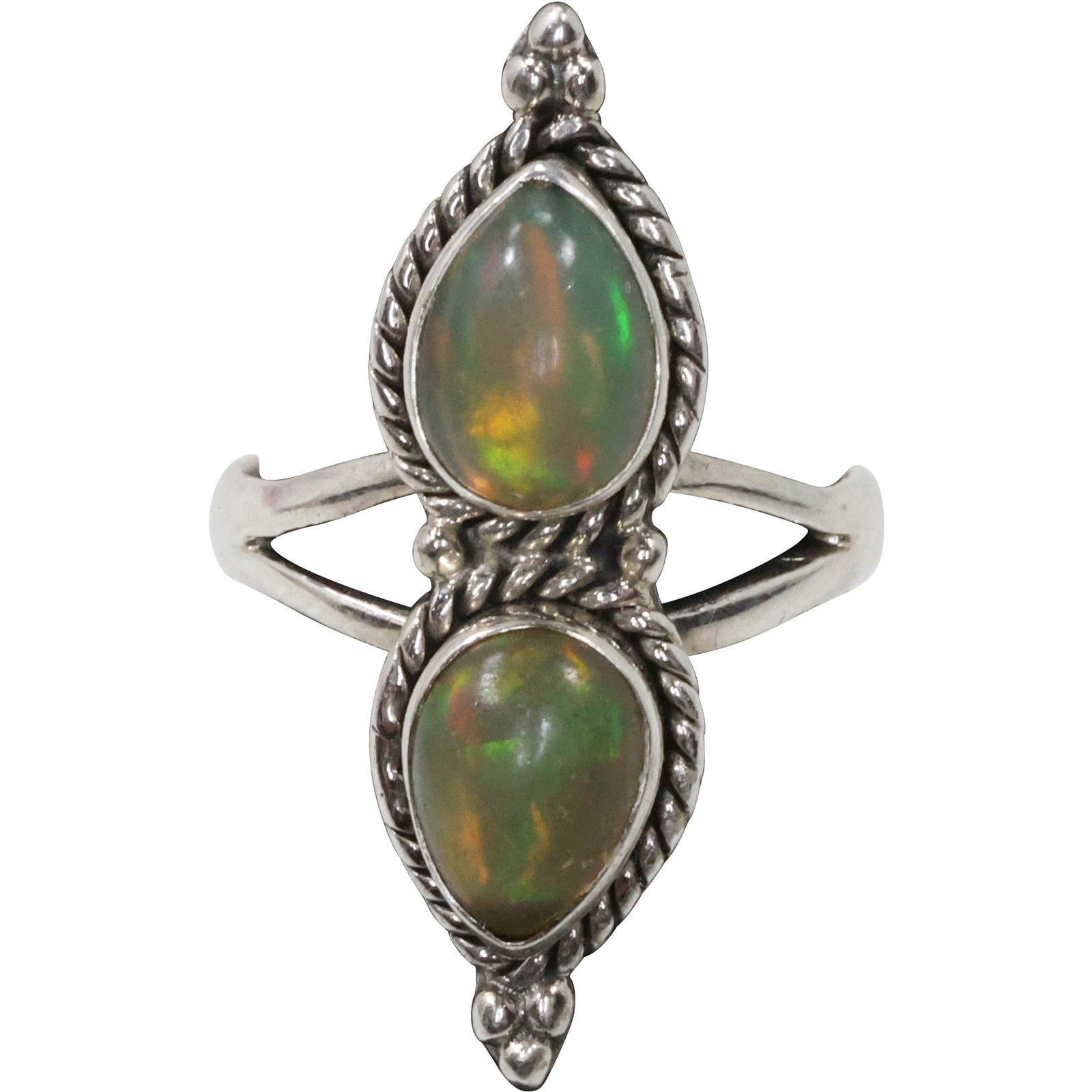 marked IN .925 Sterling Silver with 2 Opals Tear Shaped Ring Size 6 , 3/4 in. x 1 1/8 in. (1 of 12)