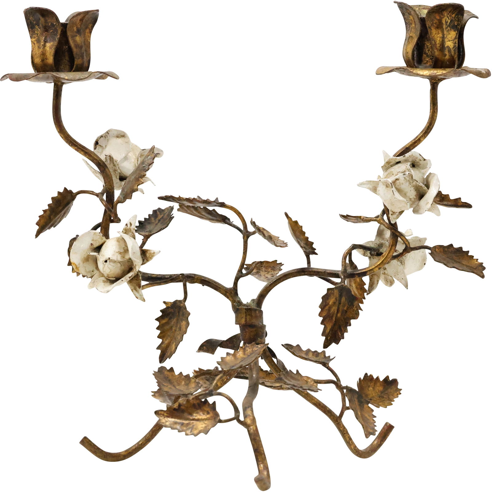 Vintage Hollywood Regency Gilt Metal Toleware 2-Light Candlestick with Porcelain Flowers: Vintage Hollywood Regency Gilt Metal Toleware 2-Light Candlestick with Porcelain Flowers. size: 10.5 in. x 11 w in.