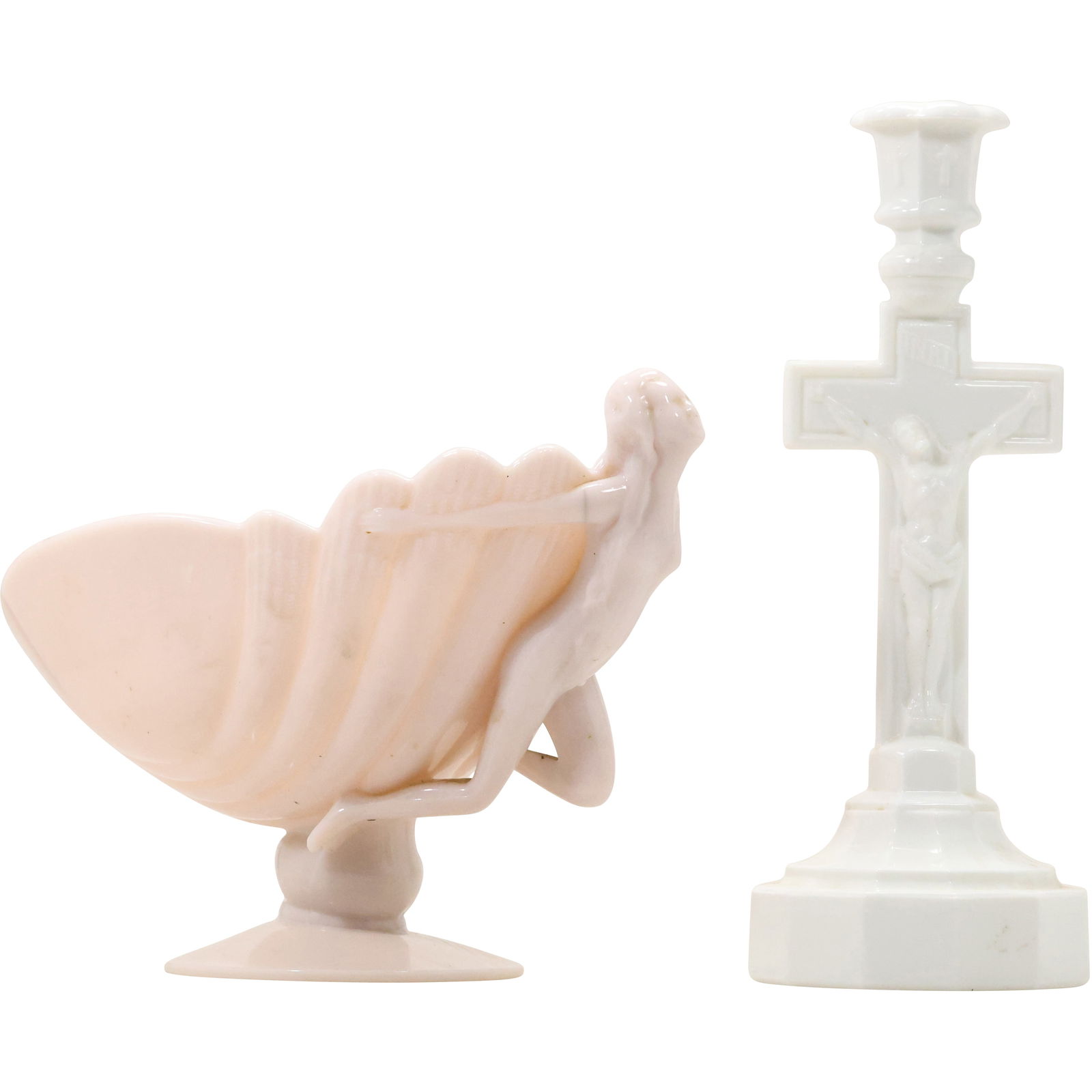 Cambridge Glass Crown Tuscan Pink "Flying Lady" Bowl & Pressed Milk Glass Crucifix Candlestick (1 of 17)