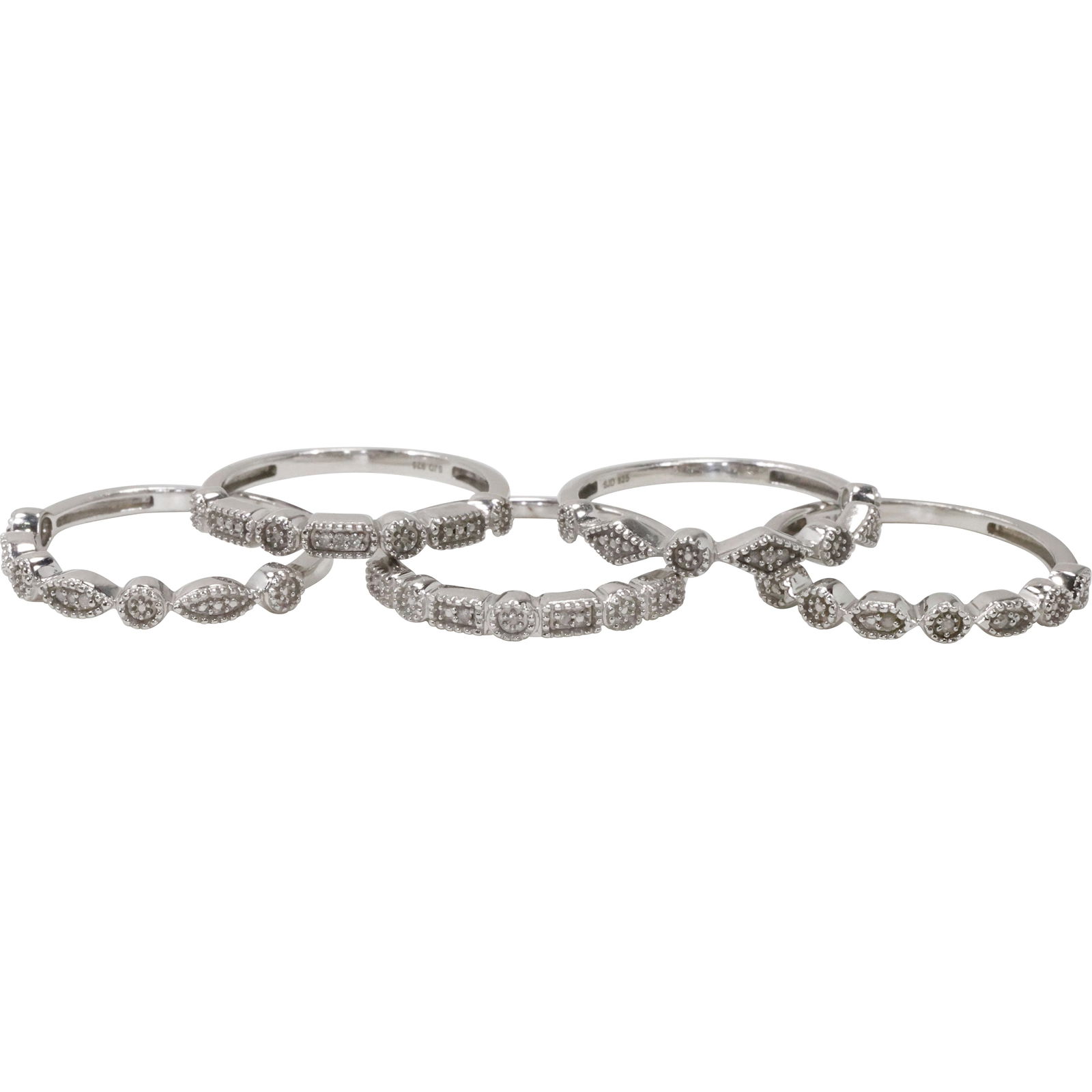 Set of 5 "Stacker" Rings Size 7, SJD .925 Sterling Silver and Diamonds (1 of 15)