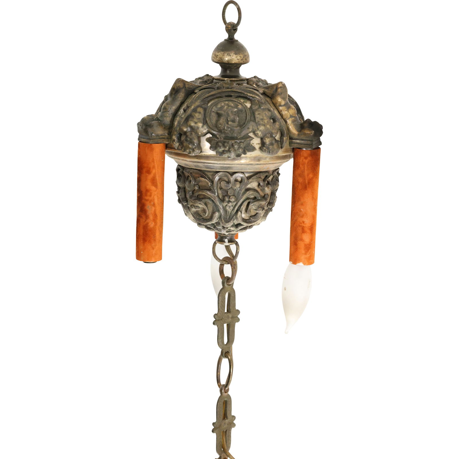 Circa 1920 Fancy Cast Metal Putti Baroque Design 3-Light Hanging Hall Fixture (1 of 20)