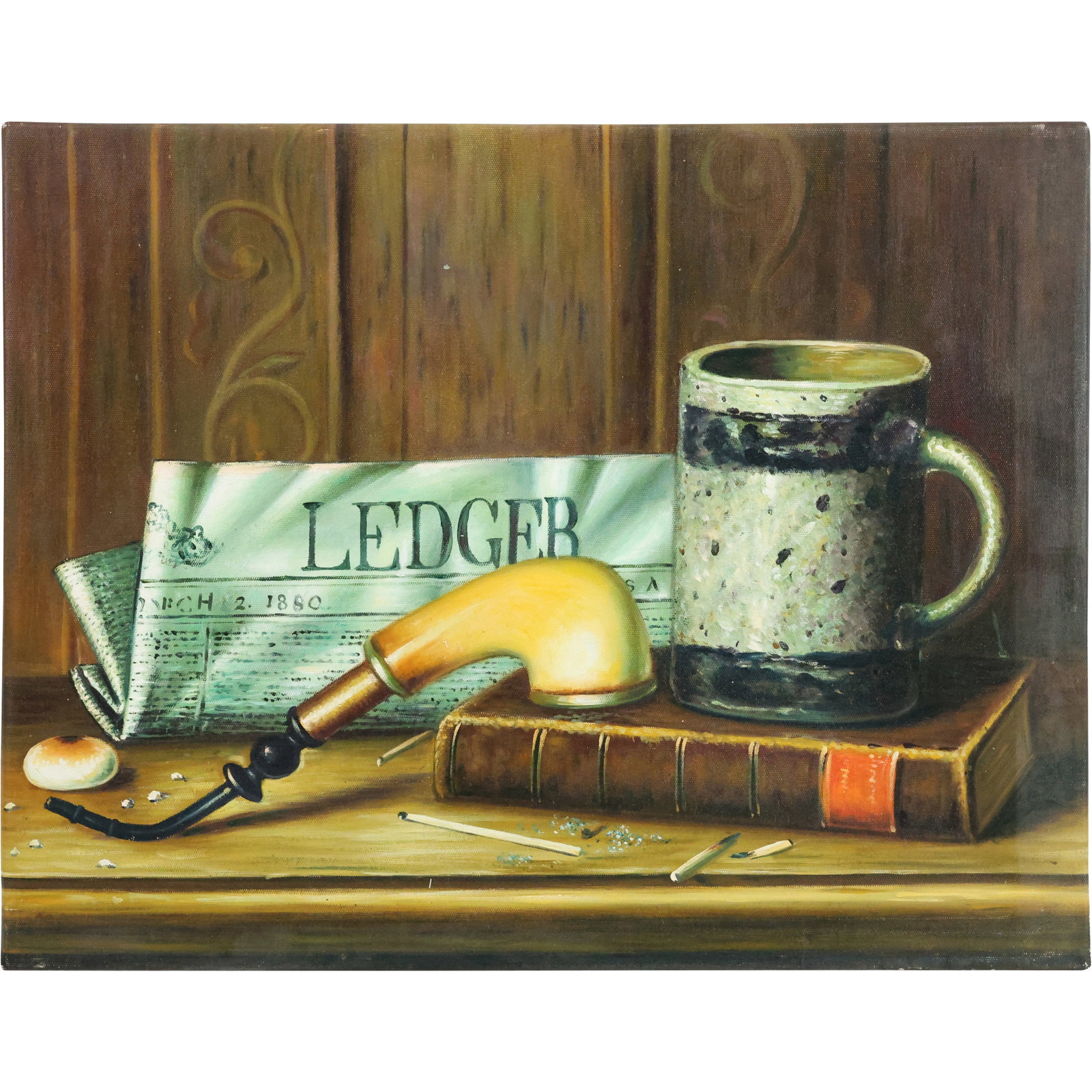 20th Century Oil on Canvas Still Life - Smoking Pipe, Ledger Newspaper, Book, and Mug: A finely executed 20th-century oil on canvas still life painting, showcasing a meticulously arranged composition. The scene features a rustic ceramic mug with a speckled glaze, a vintage smoking pipe 