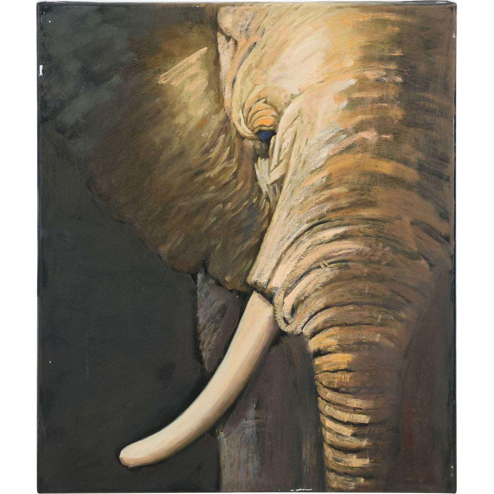 Fine 20th-Century Oil Painting – Majestic Portrait of an Elephant: This captivating oil on canvas painting portrays a close-up study of an elephant, emphasizing the majestic details of its textured skin and iconic tusk. The artist’s skillful use of light and shadow