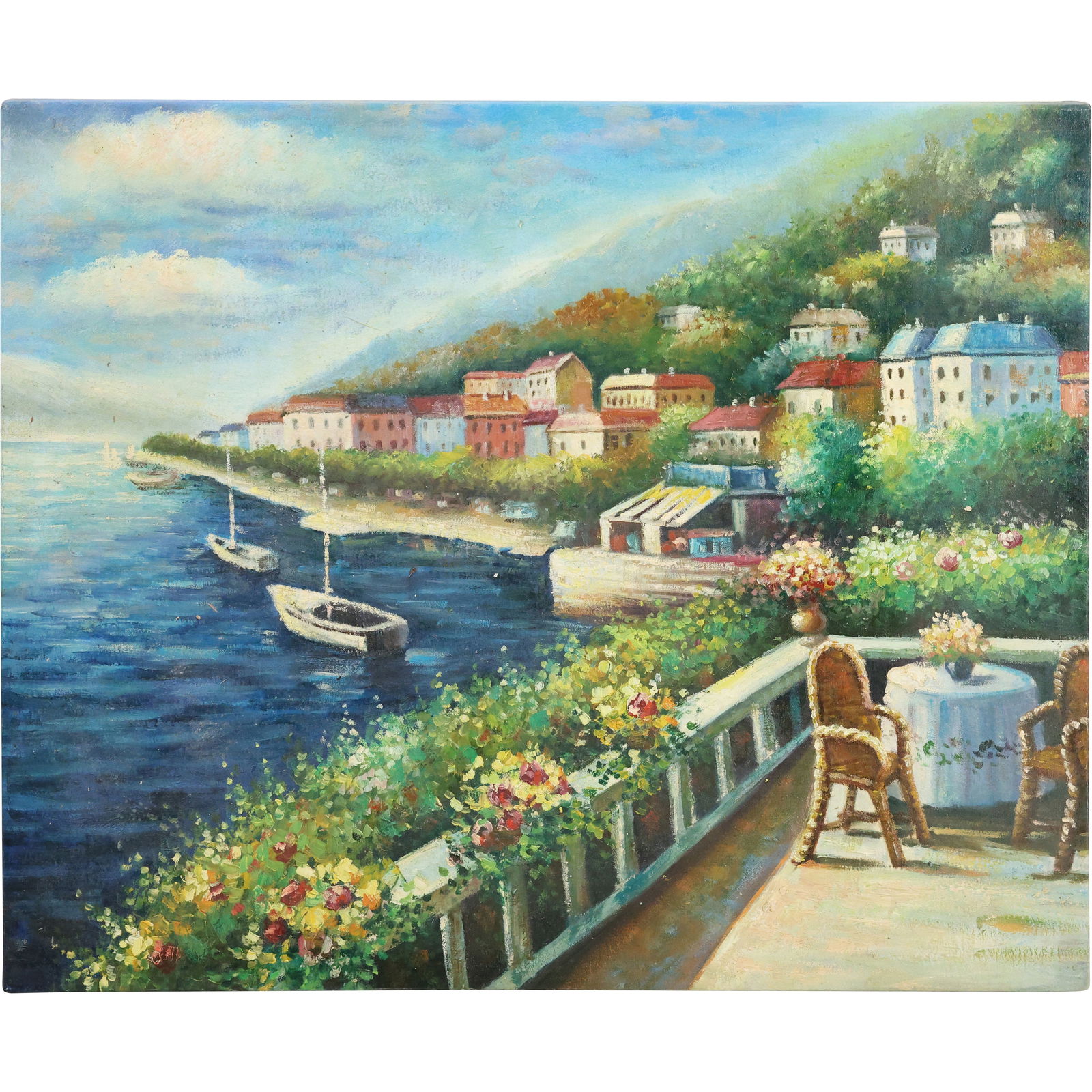 Italian Waterfront Village Oil Painting – Mediterranean Landscape with Boats and Terrace, 20th C (1 of 14)