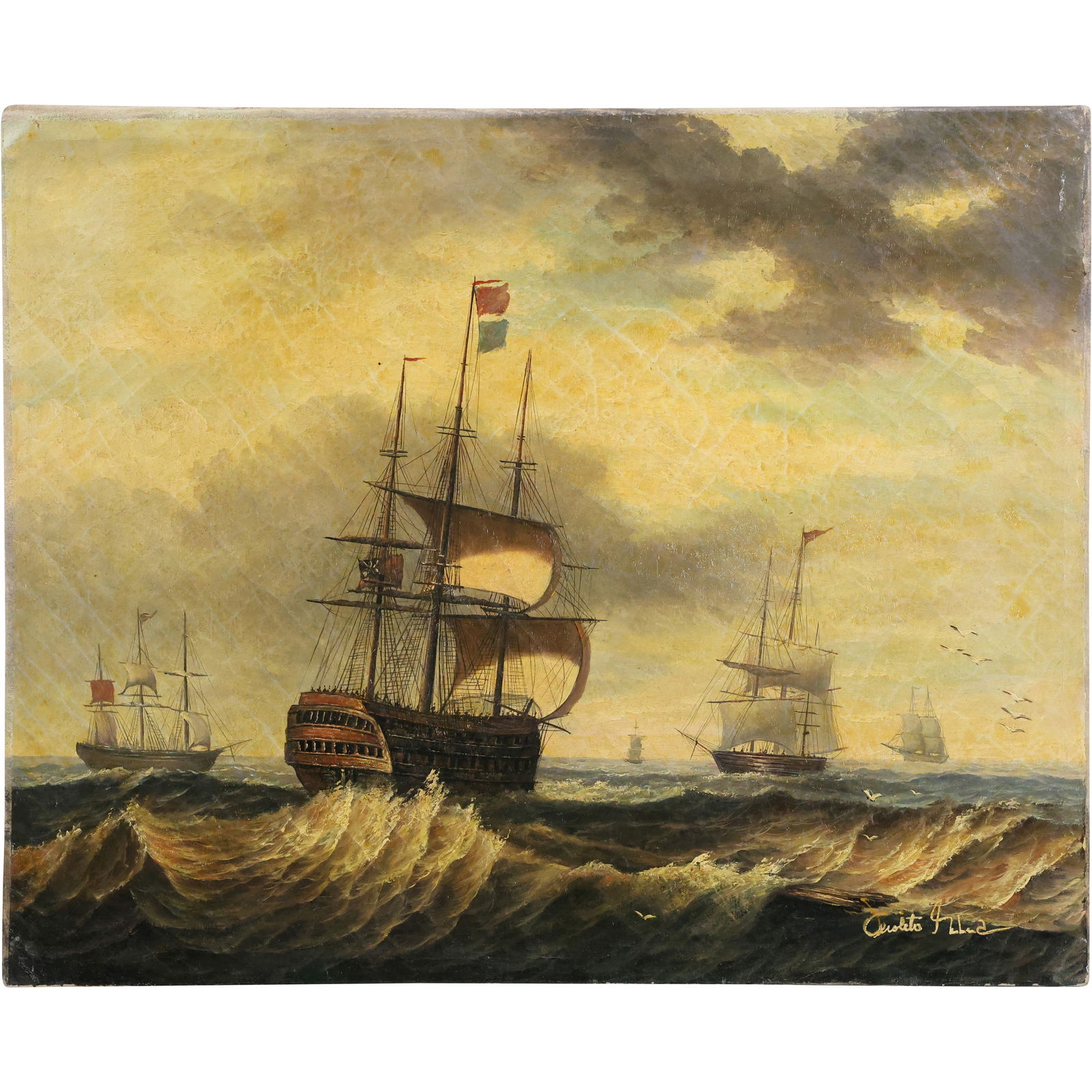Maritime Scene Oil Painting – Fleet of Sailing Ships in Rough Seas, 20th Century (1 of 17)