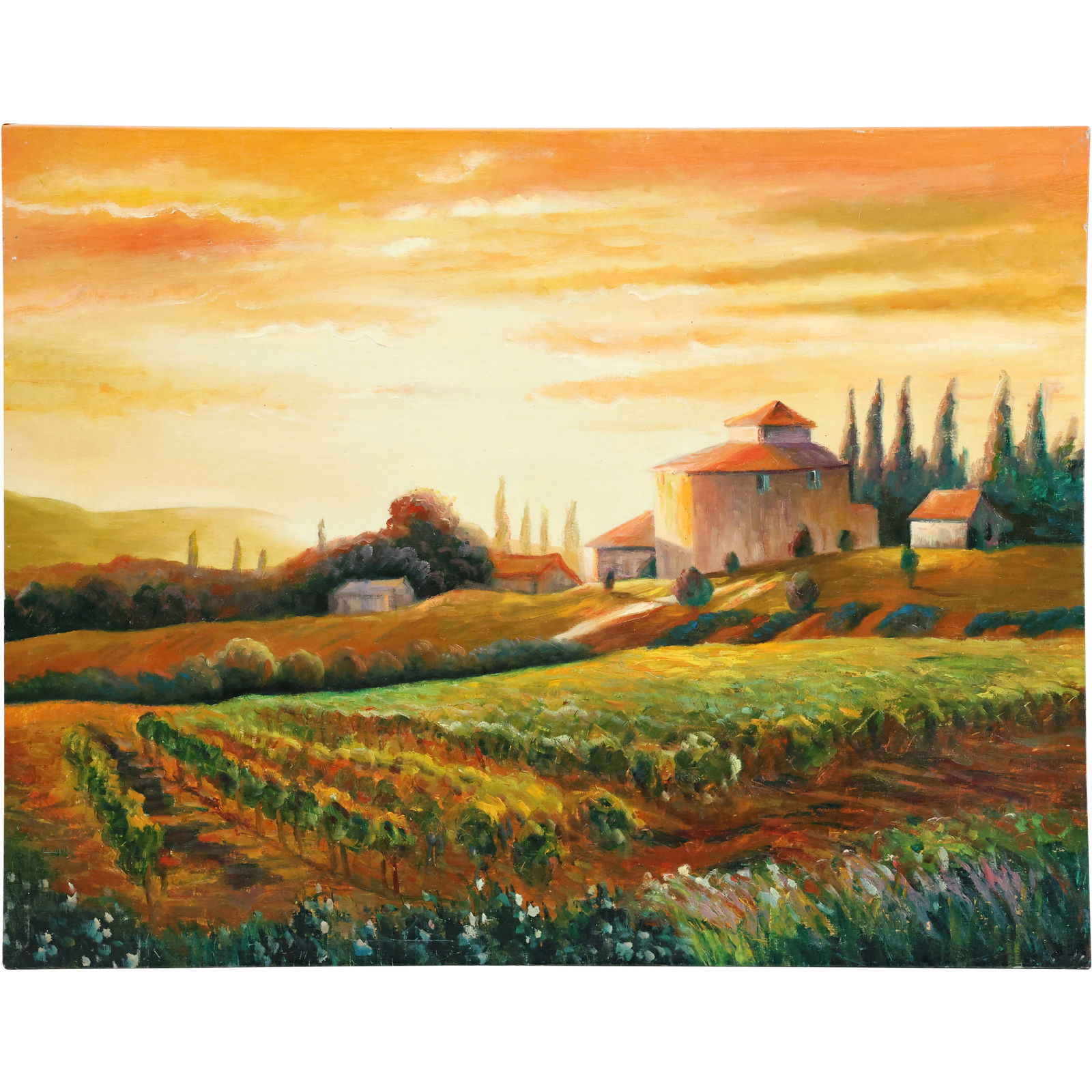 Tuscan Countryside Sunset Oil Painting – Italian Landscape with Villa and Vineyards, 20th Century (1 of 14)