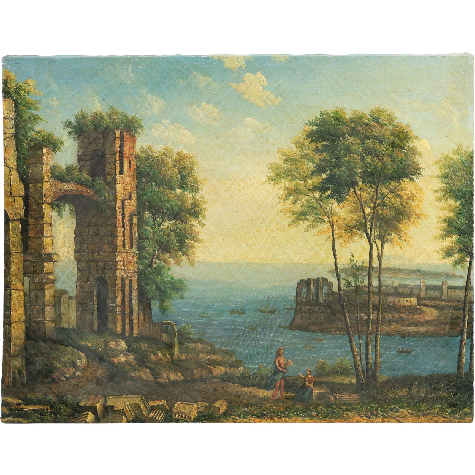 after Claude Lorraine, 20th C. Oil on Canvas Painting Coast View with Apollo and the Cumaean Sibyl (1 of 16)