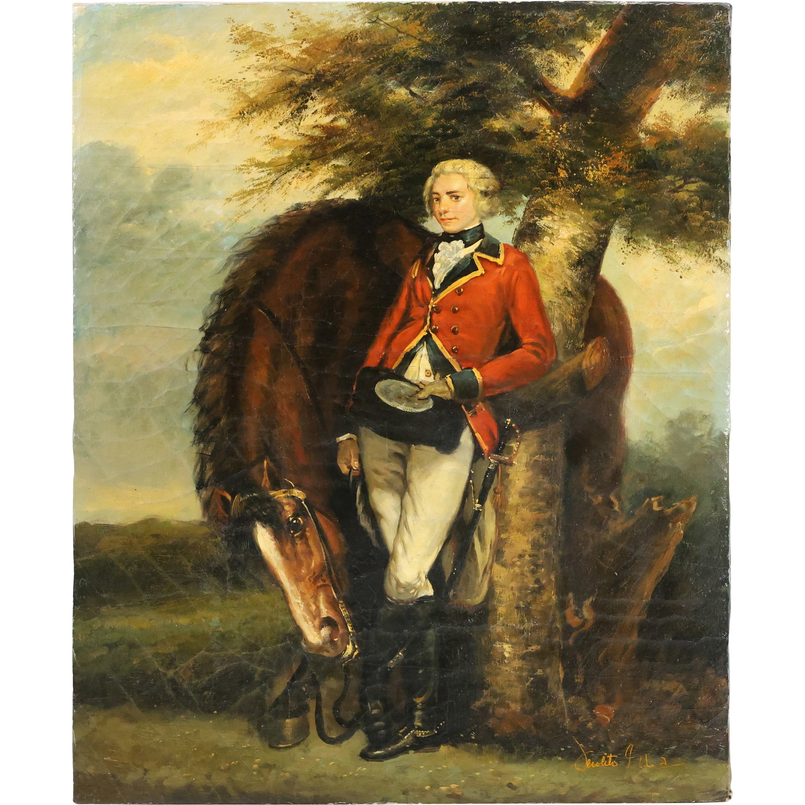 After Joshua Reynolds, Fine 20th C. Oil on Canvas Painting of Sir Thomas Rumbold: This is a finely executed 20th-century oil on canvas painting inspired by Sir Joshua Reynolds' portrait of Sir Thomas Rumbold. The artwork depicts Rumbold in a striking red coat, leaning casually agai