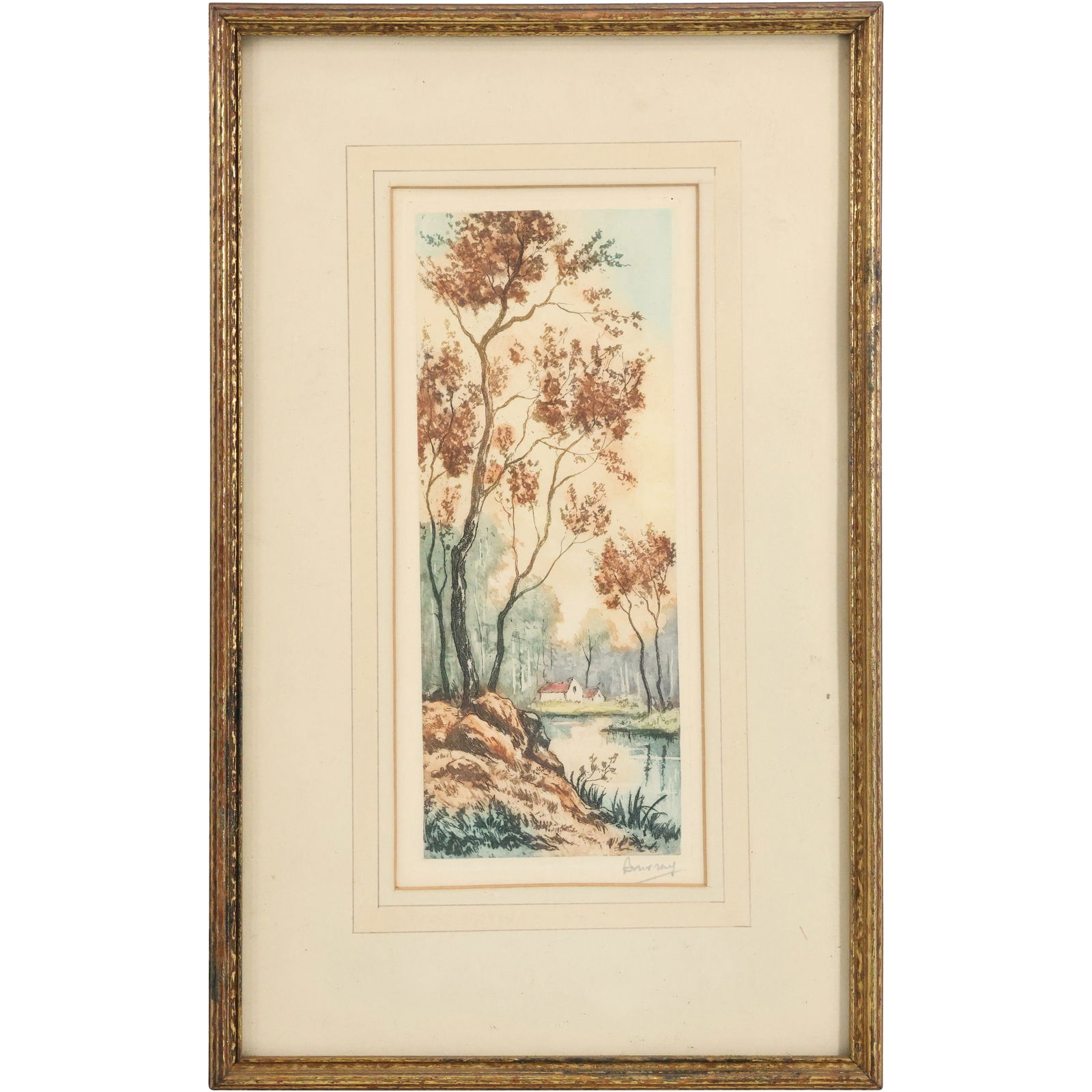 Artist-Signed Colored Etching - Framed Landscape with Trees and Stream (1 of 13)