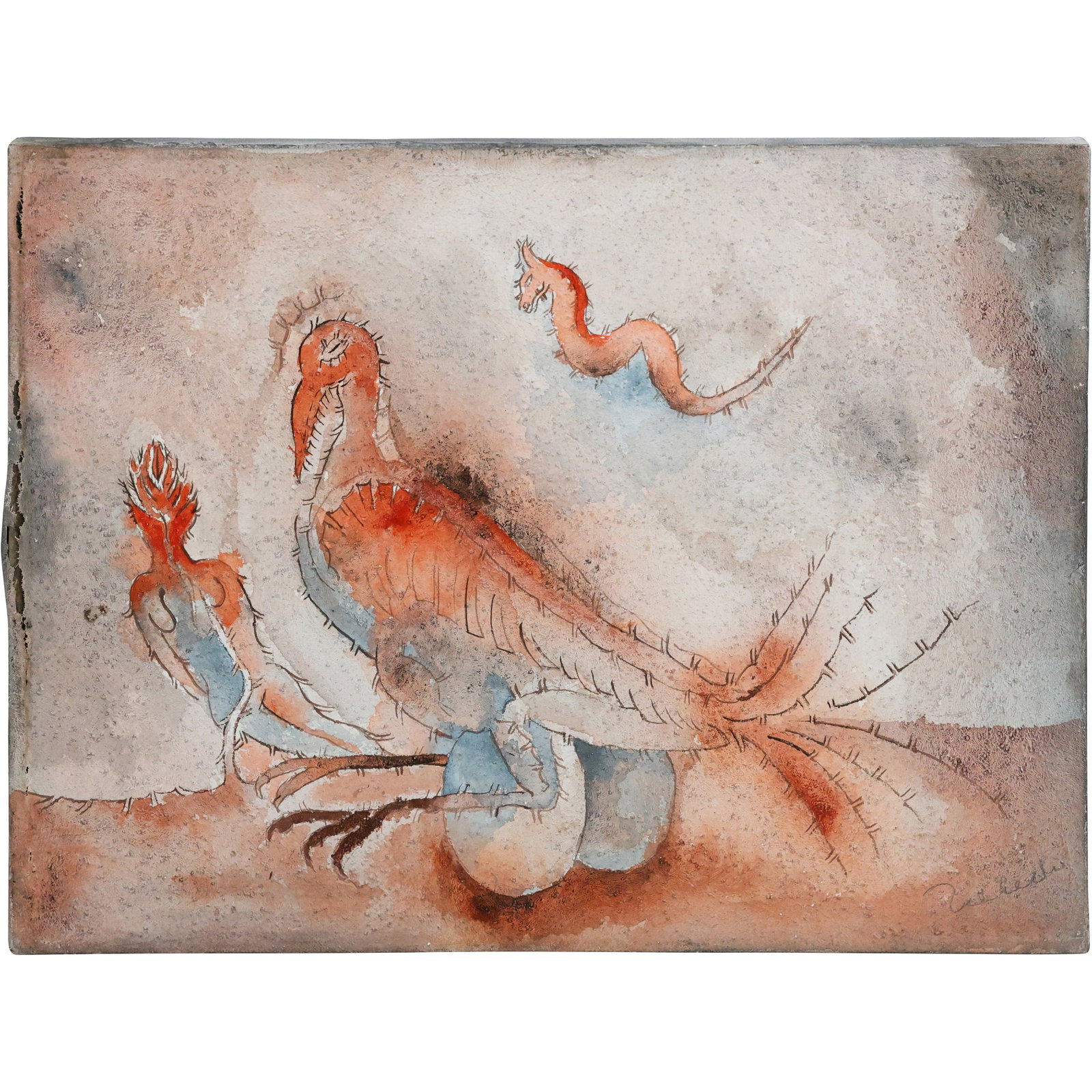 Signed 20th Century Surrealist Oil on Canvas - Bird, Figure, and Seahorse Scene: A fascinating and imaginative oil on canvas painting in the surrealist style, signed by the artist (signature visible in the corner). This piece showcases a dreamlike composition featuring a bird, an 