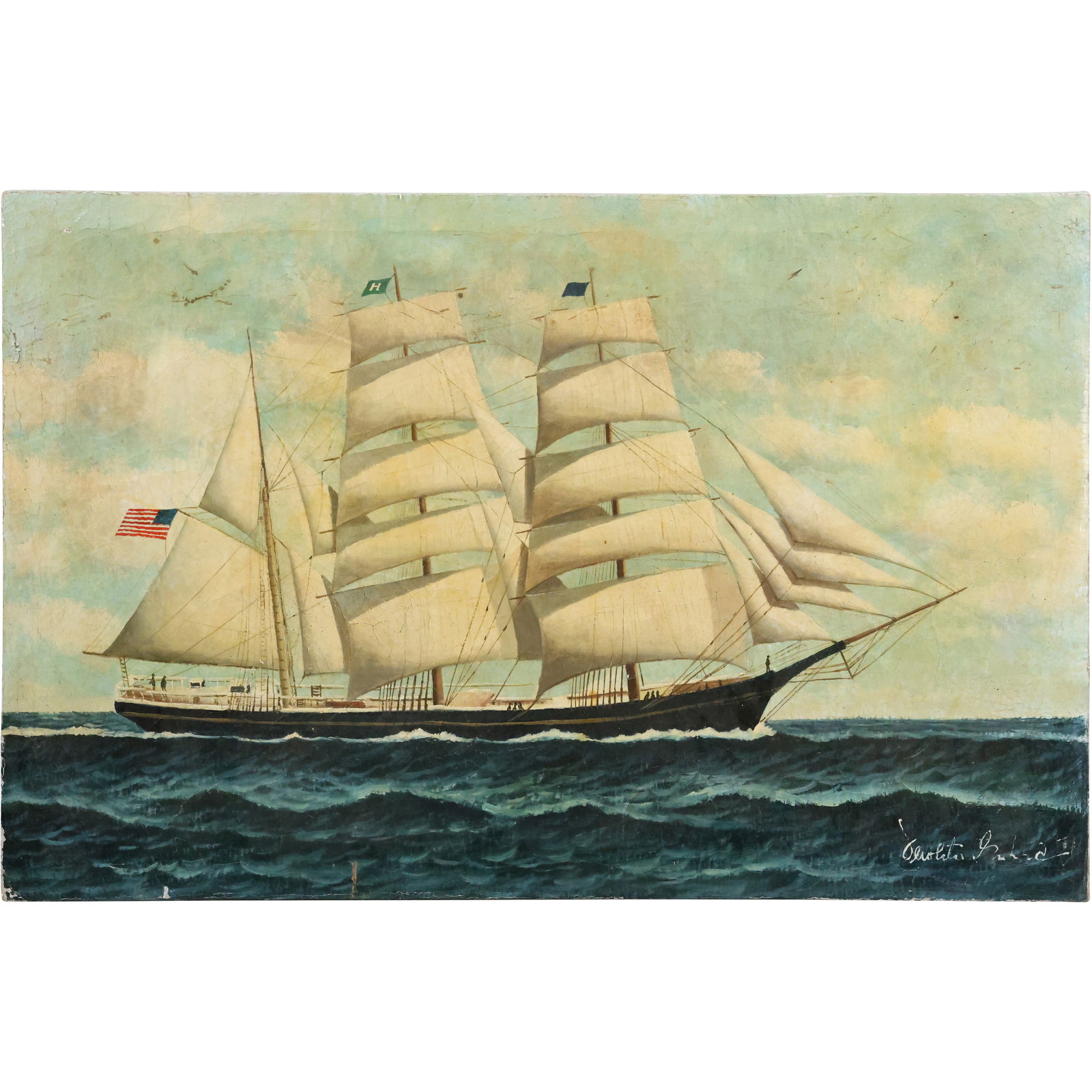 20th C. Oil on Canvas Painting Full Sail Clipper Ship with American Flag, Artist signed illegible: A striking vintage oil painting of a majestic sailing ship navigating open waters, signed in the lower right corner. The ship, adorned with billowing sails and an American flag, is meticulously detail