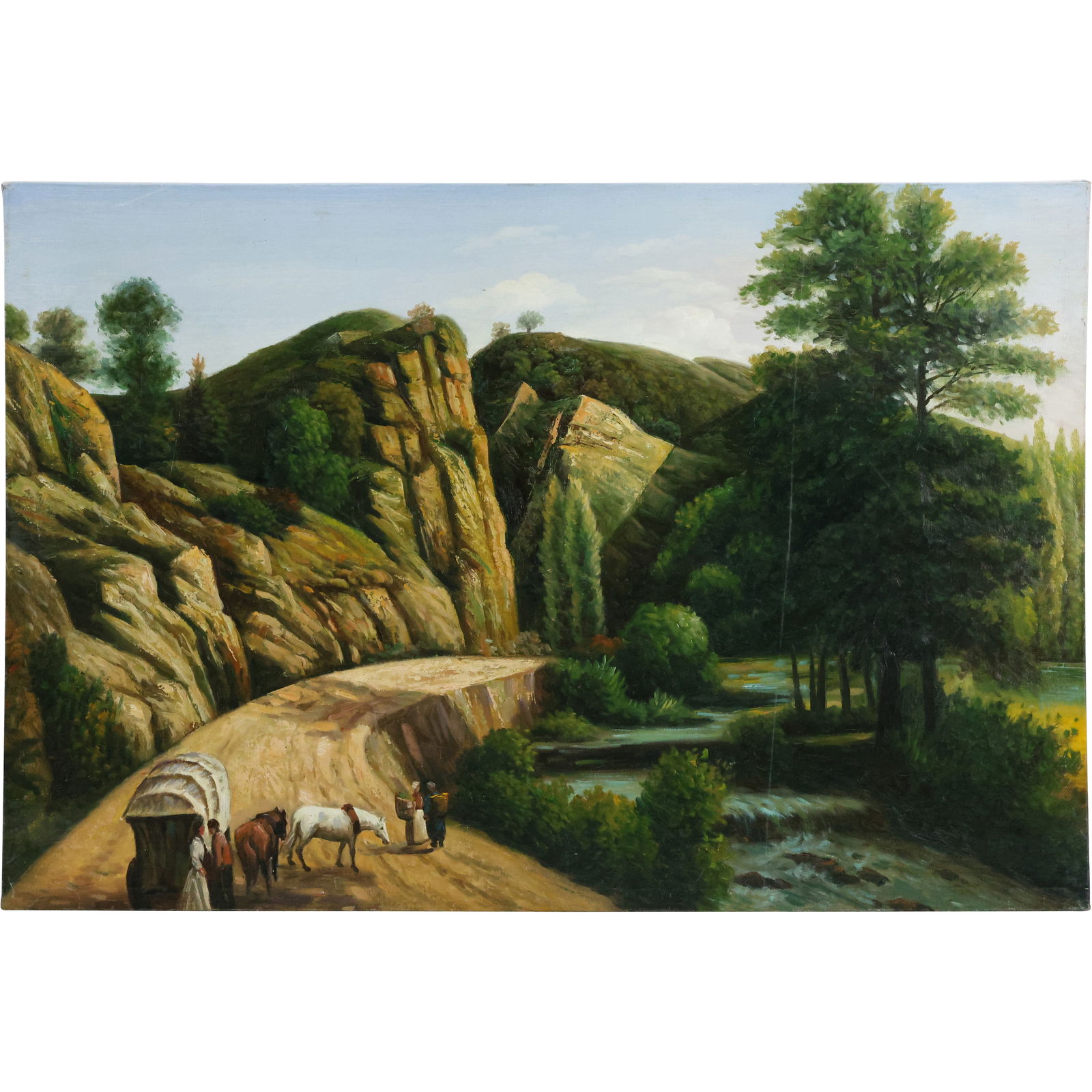 20th C. Oil on Canvas Painting Western Landscape with Covered Wagon, Horses, Figures (1 of 14)