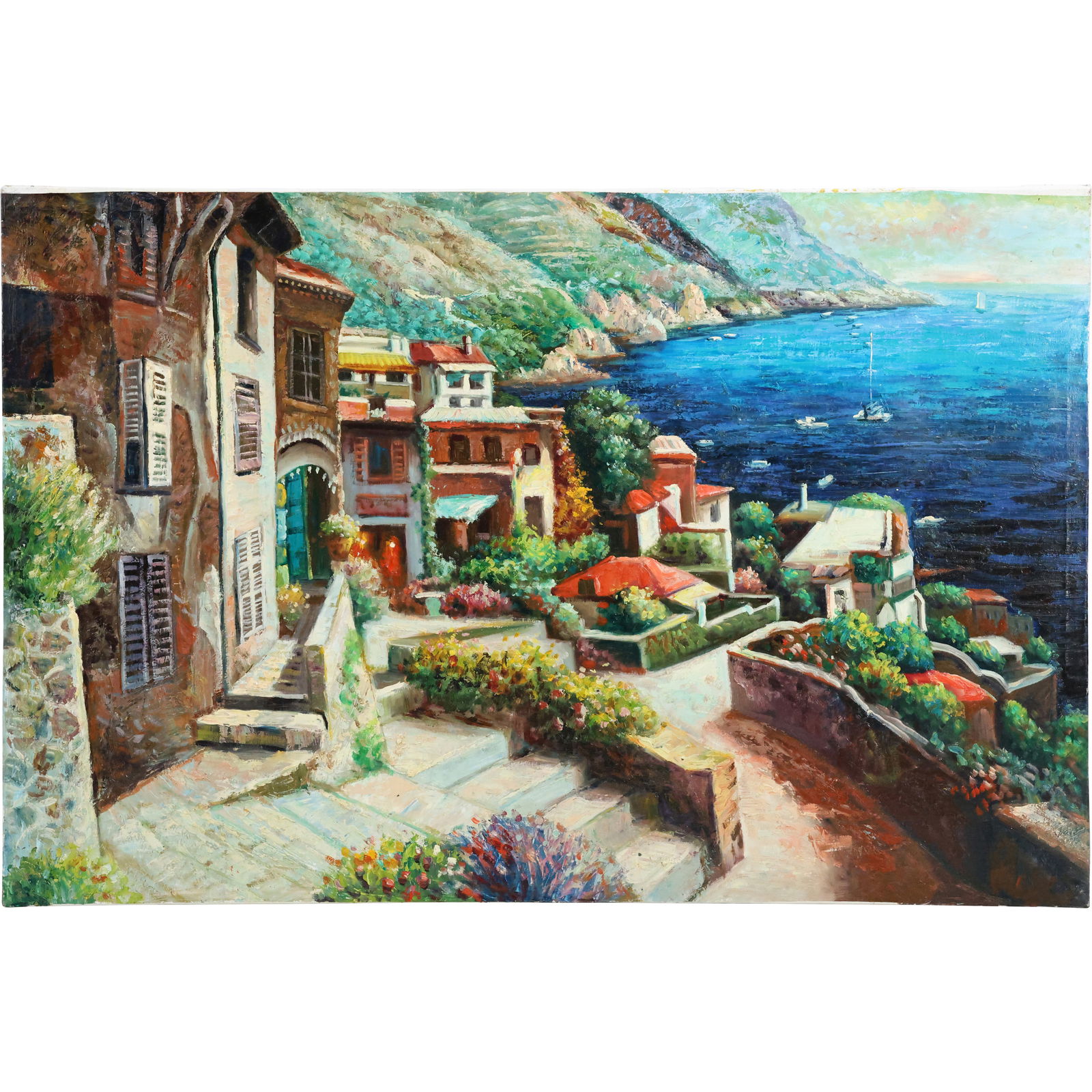 Oil on Canvas - Vibrant Coastal Village Scene with Sea View (1 of 19)