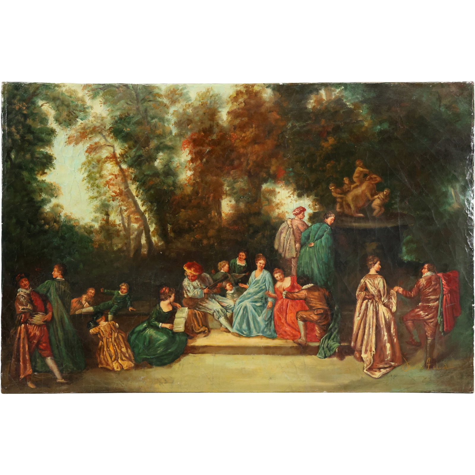 After Antoine Watteau - 20th Century Oil Painting of Festive Outdoor Gathering in Rococo Style: A 20th-century oil painting inspired by the works of Antoine Watteau, master of the Rococo era, titled "Festliche Gesellschaft im Freien" (Festive Gathering Outdoors). This lively and elegant scene fe