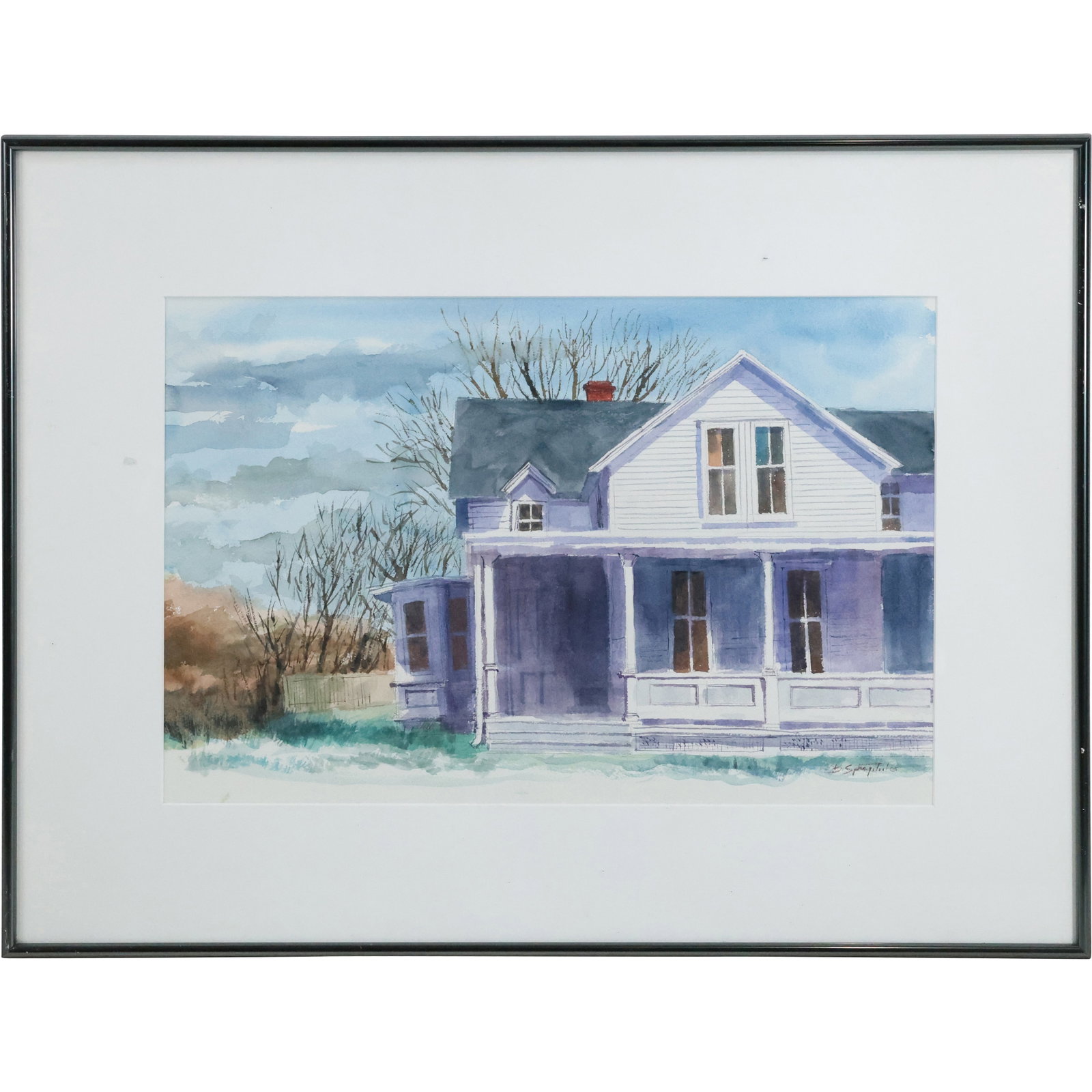 Bernard Springsteel, American, Watercolor Painting Rural Home " Victorian Beauty", Label on verso: Bernard Springsteel, American, Watercolor Painting Rural Home " Victorian Beauty", Label on verso. size: 25 x 20.5