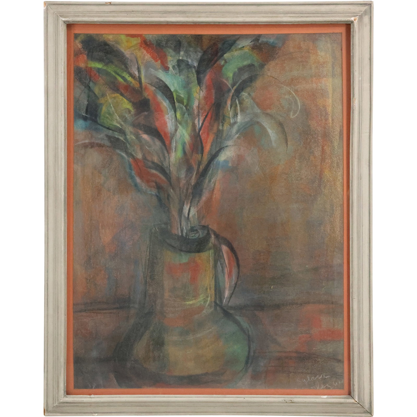 Signed Mid-Century Modern Pastel Painting Flowers in Vase, Framed: Signed Mid-Century Modern Pastel Painting Flowers in Vase, Framed. size: 26 x 20