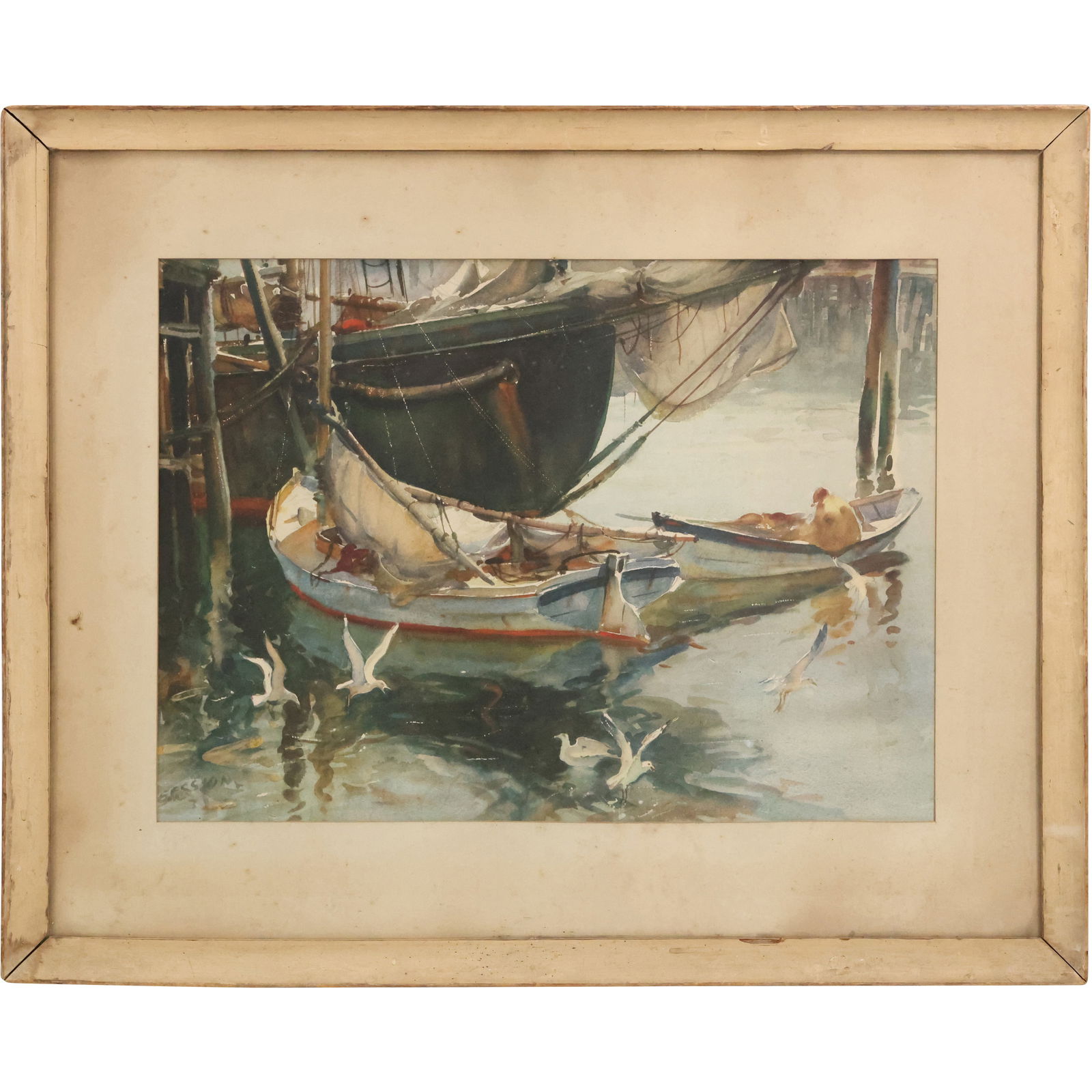 James Milton Sessions, Gloucester Harbor Moored Dory Boats Aqua-Print, Original Framing (1 of 20)