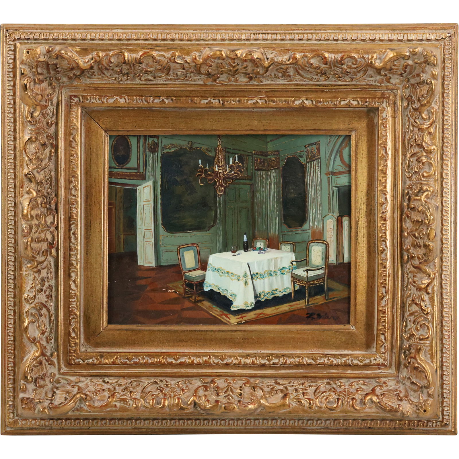Fine Quality Oil on Wood Panel Painting Set Dining Table in French Interior Parlor, Gold Frame (1 of 14)