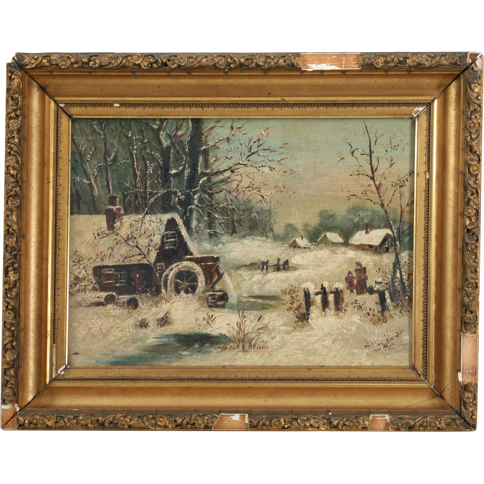 19th Century "Grist Mill in the Snow" American Winter Landscape Painting, Signed Illegible (1 of 15)
