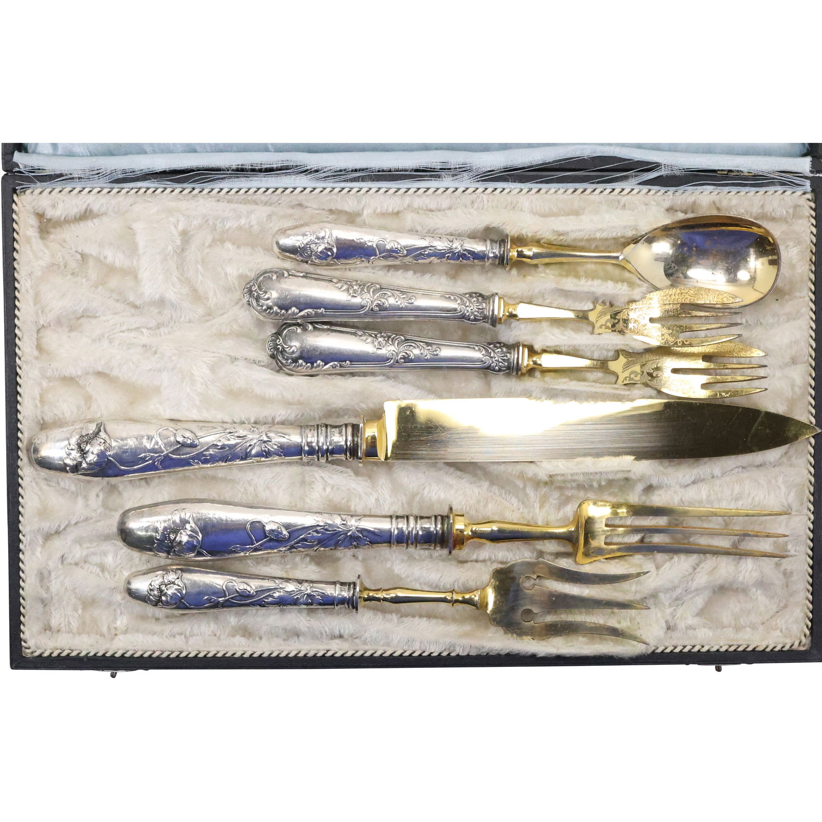 marked 800 Silver 6-Piece Ornate Knife, Fork and Spoon Serving Set, marked Stahl, with fitted box (1 of 17)