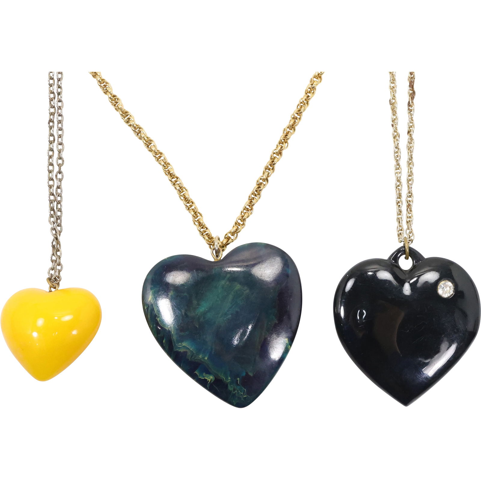 3 Assorted BAKELITE Hearts on Chains Necklaces: Marble Green 2 1/2 in, Les Bernard 24 in. Chain; (1 of 13)