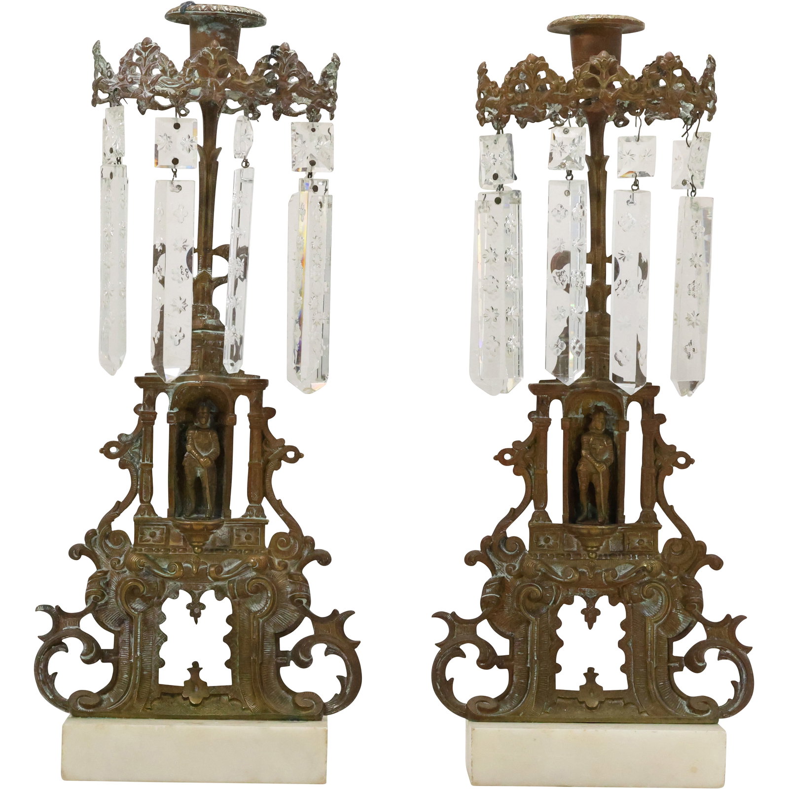 Pair of 19th Century Bronze Candlesticks - Knights Templar Design with Crystal Prisms: An exquisite pair of tall 19th-century bronze candlesticks featuring intricate Knights Templar-inspired designs. These ornate pieces are adorned with finely detailed figures and motifs, showcasing mas