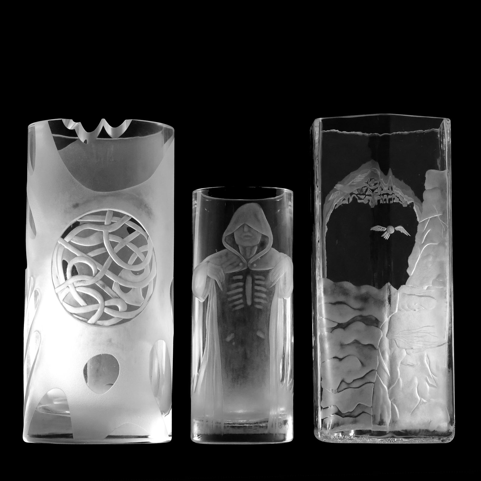 Set of 3 Etched and Frosted Glass Vases - Celtic, Skeleton, and Landscape Designs (1 of 18)