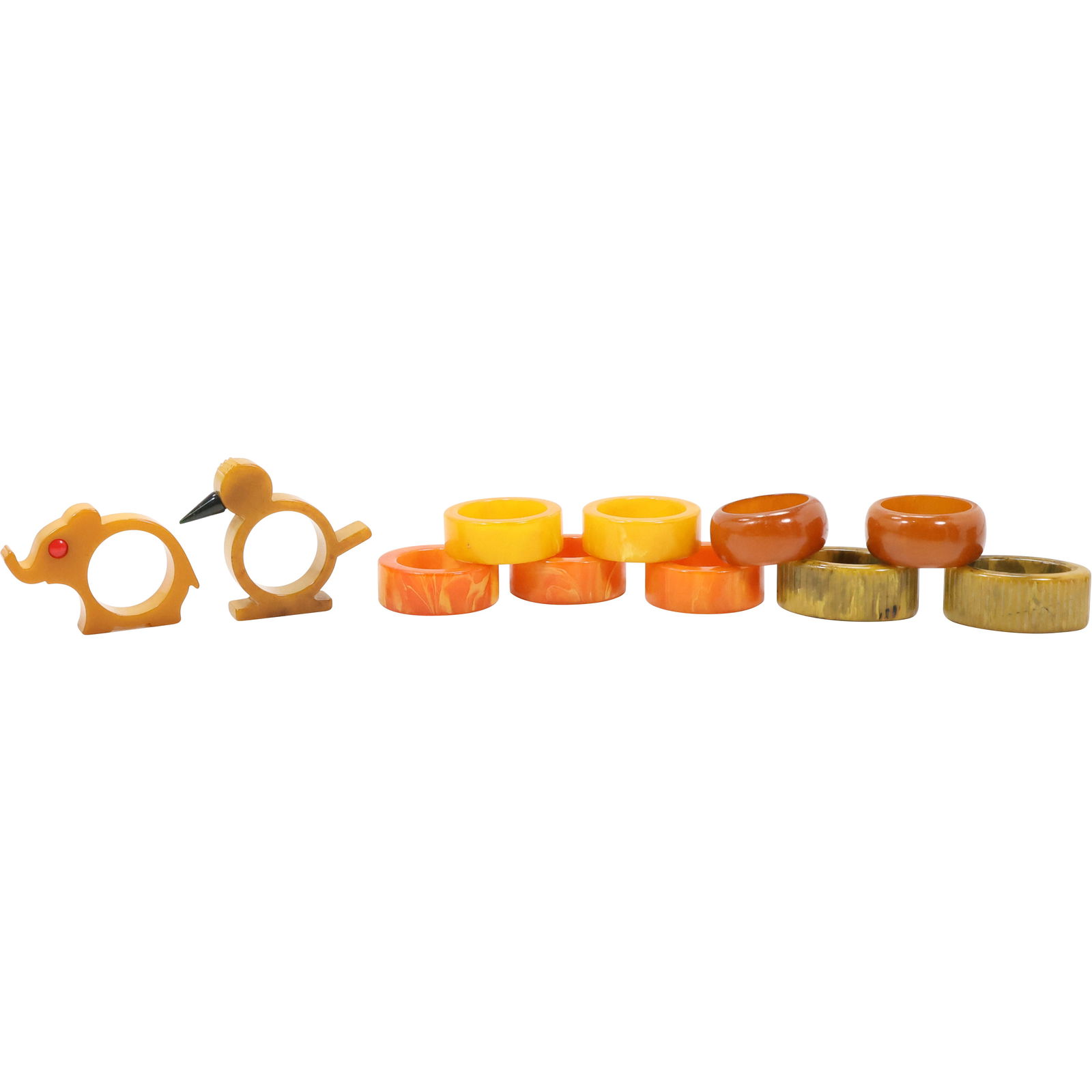 11 Assorted BAKELITE Napkin Rings: 5 Butterscotch & Orange 2 in. x 3/4 in.;  2 Bowing Round Brown (1 of 20)