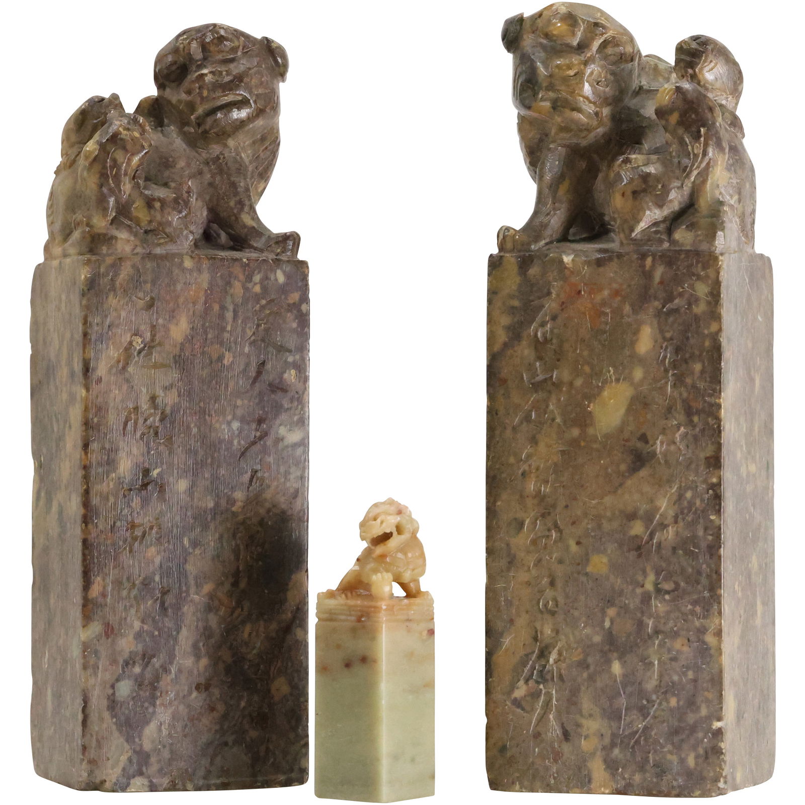3 Chinese Soapstone Stamps with Hand Carved Foo Dogs at Top (1 of 15)