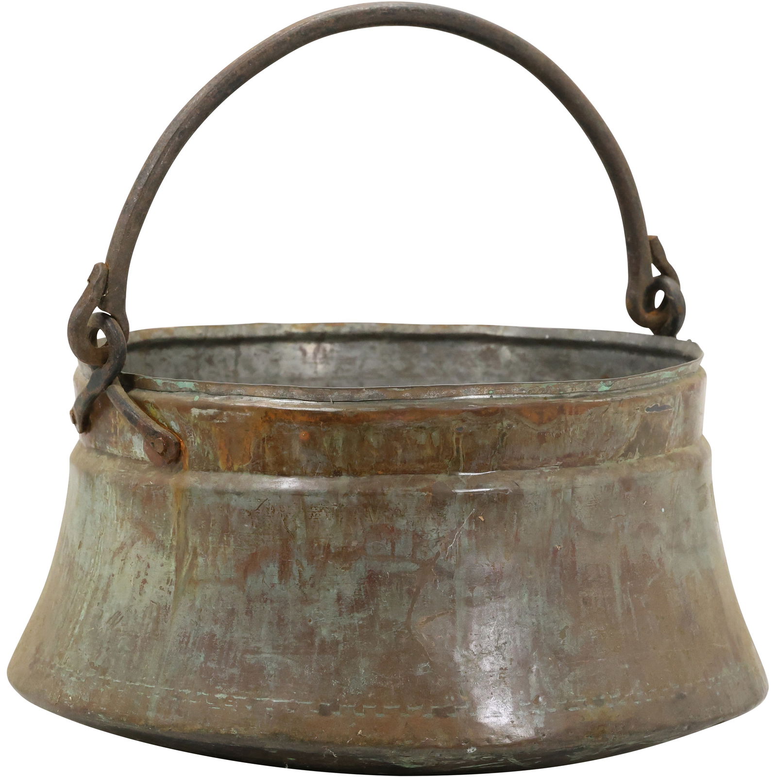 Antique Hand Wrought Copper Cooking Pot with Wrought Iron Bail Handle 15 in. diameter (1 of 13)