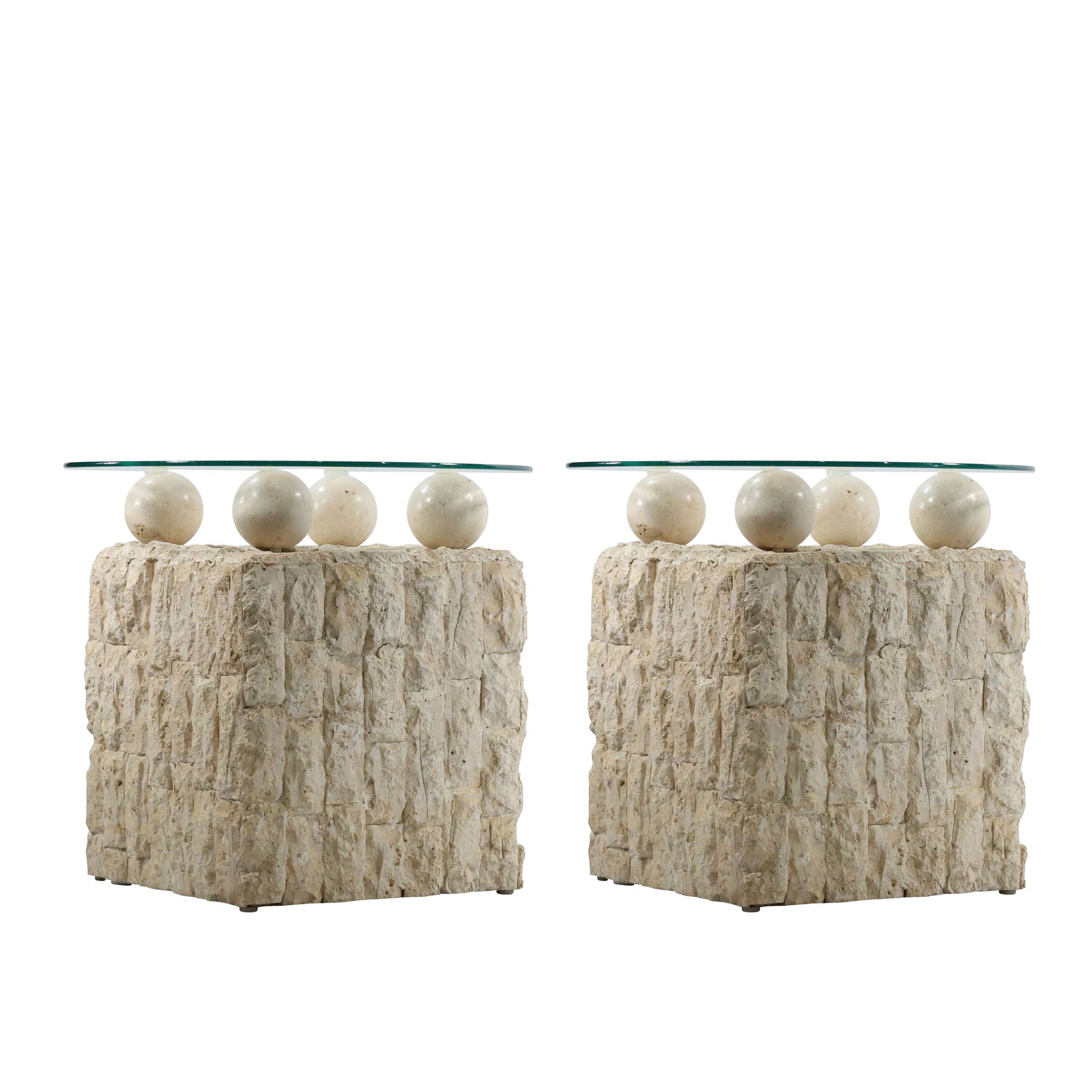 Pair of Postmodern Tessellated Stone Side Tables with Circular Glass Tops (1 of 19)