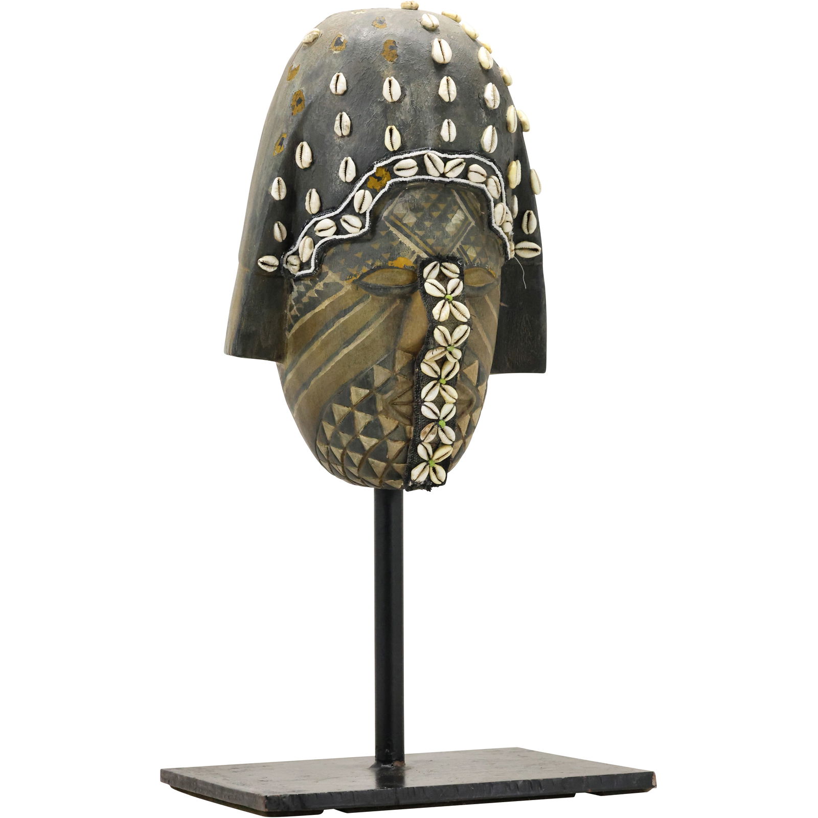 African Mask Head Piece with Shell Decoration Mounted on a Display Stand 20 in. height (1 of 18)