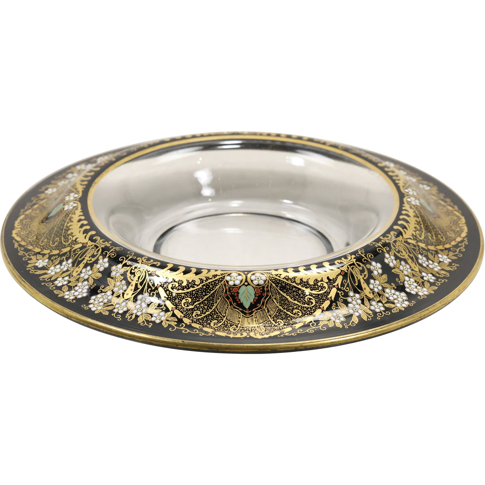 Stunning Circa 1920 Black and Gold Glass Art Deco Centerpiece Bowl with Enamel Decoration: Stunning Circa 1920 Black and Gold Glass Art Deco Centerpiece Bowl with Enamel Decoration. size: 12.5 in. diameter S:C