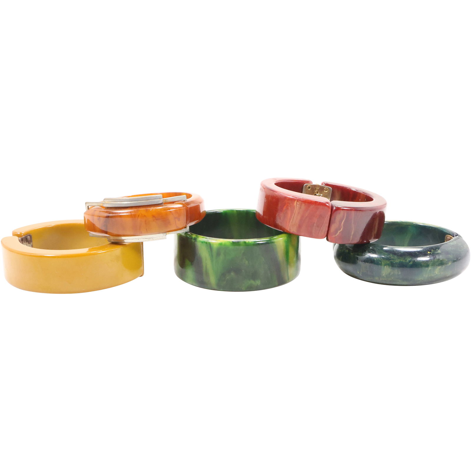 5 Assorted BAKELITE Bangle Bracelets: Marble Green 3 in. x 1 1/4 in.; Amber Buckle Closure (1 of 18)