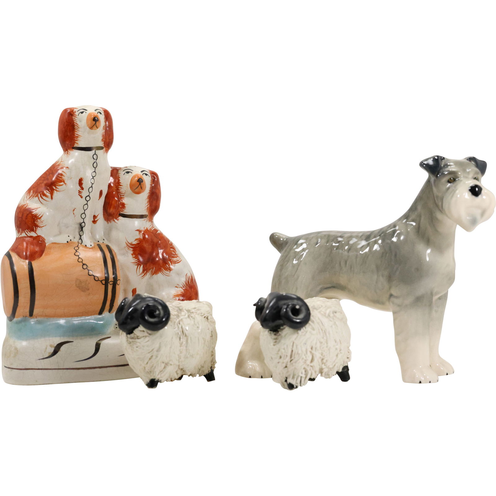 4 Assorted Porcelain Figures Staffordshire Dogs, 2 Spaghetti Pottery Rams, Schnauzer Terrier (1 of 19)