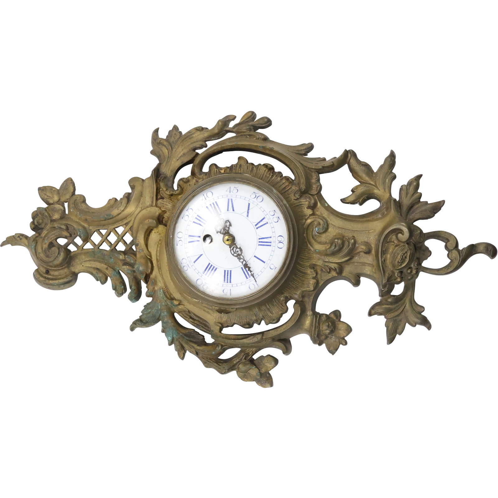 Antique Bronze French Baroque Cartel Clock with Porcelain Dial 21 in. length x 11 in. wide: Antique Bronze French Baroque Cartel Clock with Porcelain Dial 21 in. length x 11 in. wide. size: 21 h 11 w