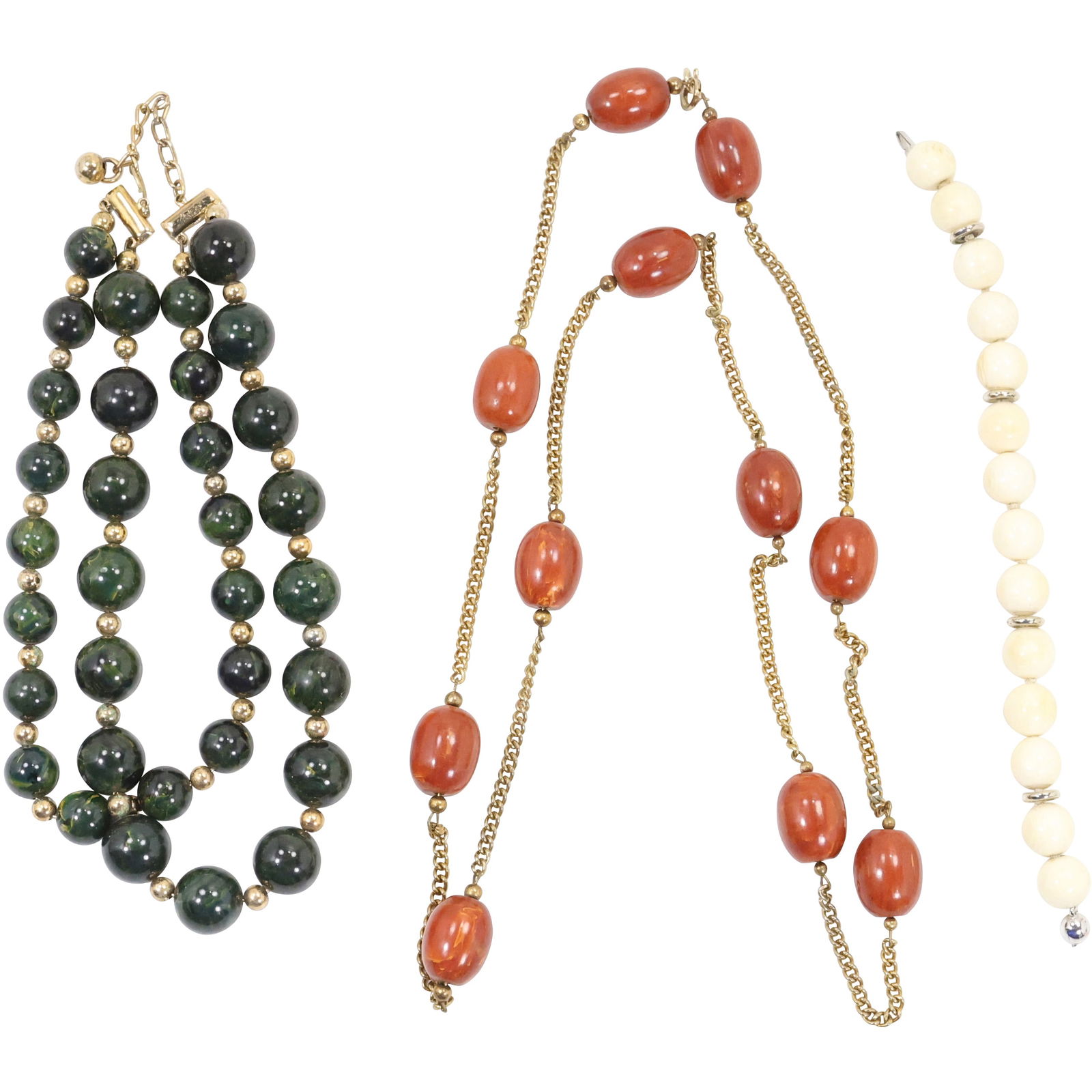[3] BAKELITE Red Beads on a Gold Tone Chain Necklace; White BAKELITE Bracelet; 2-Strand (1 of 13)