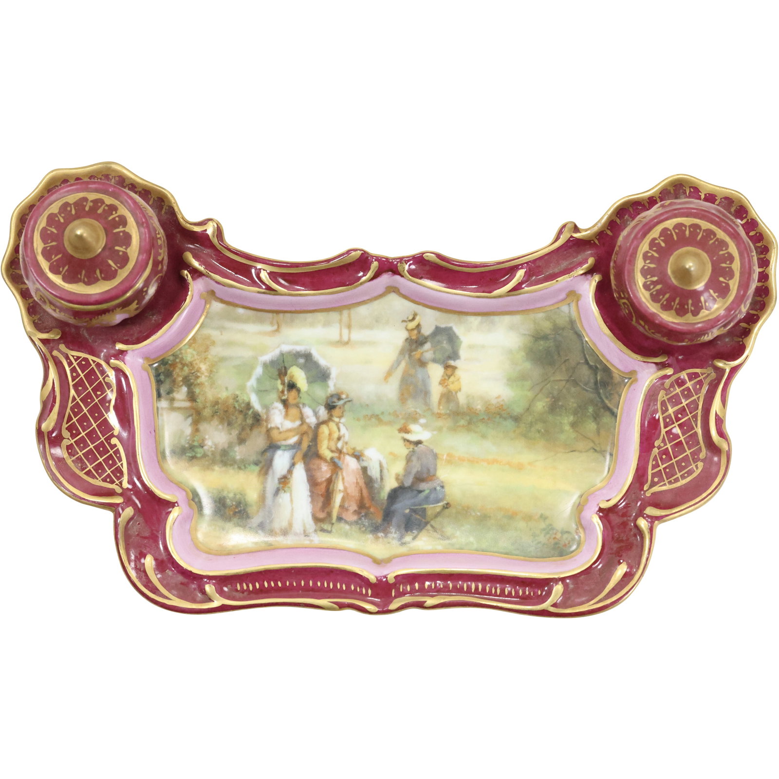"Imperial" Fine French Porcelain Desk Top Double Ink Well with Fashion Women Scene 10.5 in. length: "Imperial" Fine French Porcelain Desk Top Double Ink Well with Fashion Women Scene 10.5 in. length. size: 6 x 10.5 S:B