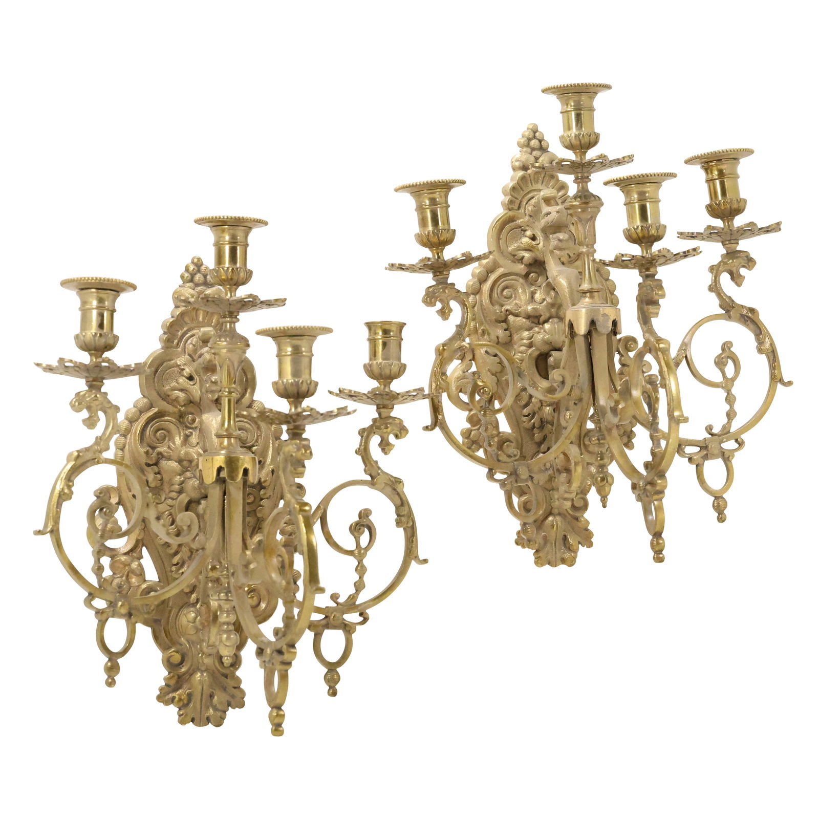 Pair Very Ornate Cast Bronze Italian Renaissance 4-Light Candle Wall Sconces 15.5 in. x 13.5 in. (1 of 20)