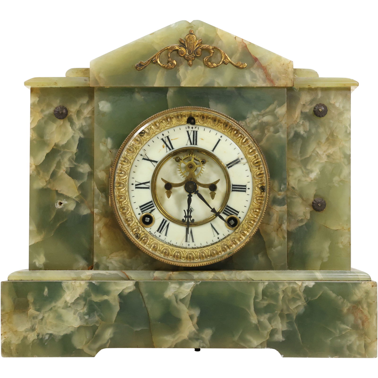 ANSONIA Green Onyx Mantle Clock Open Escapement Movement, Original Pendulum, 11 in. x 12 in. (1 of 17)